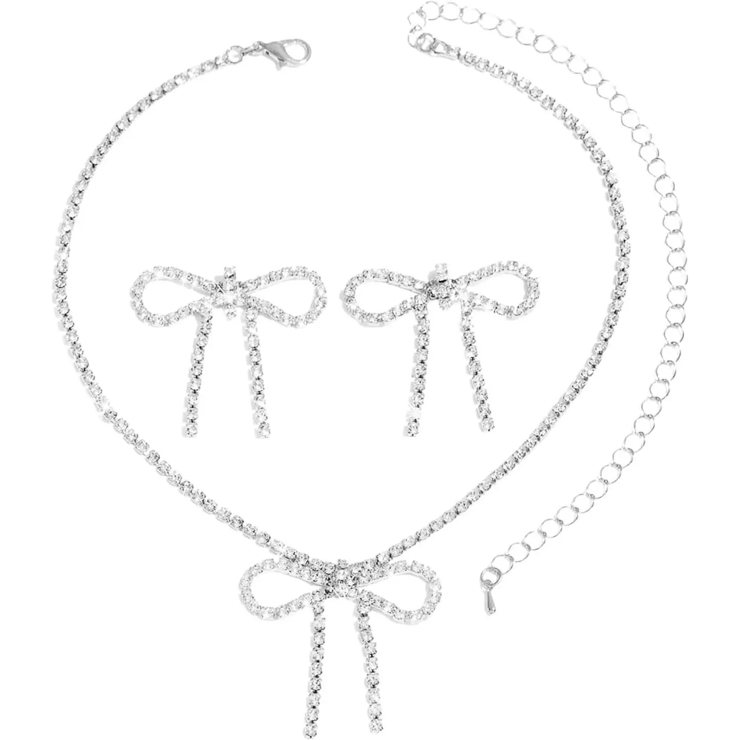 Rhinestone Bow  Set for Women, Dainty  Tone Sparkling  Bowknot Pendant Necklace & Stud Earrings Kit, Sparkly Ribbon Choker Set for Party,Bridal Wedding Prom Accessory
