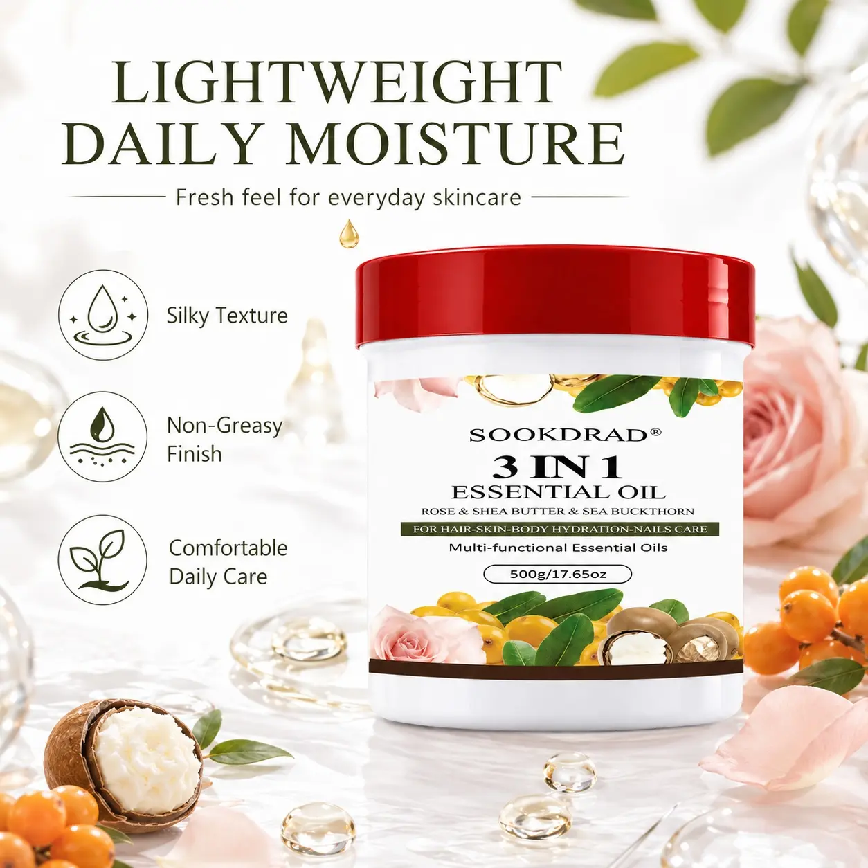 3 In 1 Multi-functional Essential Oil, Rose, Shea Butter, Sea Buckthorn, Hydrate Hair, Hydrate Skin, Hydrate Body, Nail Care, Daily Use, 500g/17.65oz