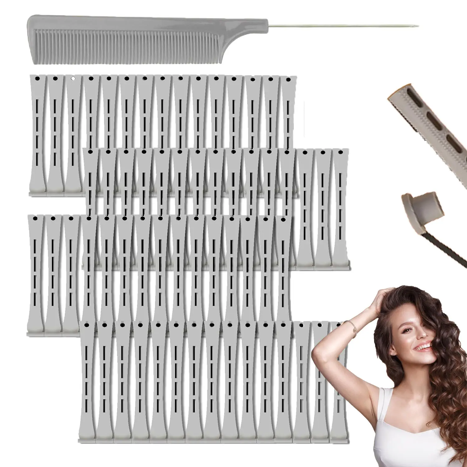 60Pcs Plastic Cold Wave Perm Rods Heatless Hair Curling Rollers with Steel Rat Tail Pintail Comb, Ventilated Perm Curlers DIY Wavy Curly Hair Styling Tools for Home Salon