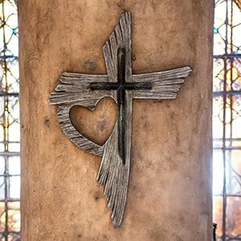 Stylish Home Décor Premium Brass Vintage Heart-Shaped Wall-Mounted Cross Multi-Layered Distressed Wood Grain Texture Jesus Spiritual Art Sculpture 12" Tall 8" Wide 1/2" Deep - Decor, Religious