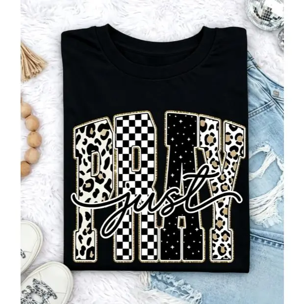 Leopard Checkered Pattern Just Pray Letter Graphic Print Short Sleeve T-Shirt, Unisex Summer Vacation Back To School Faith Inspirational Casual Tops For Church Daily Wear, 100% Pure Cotton Printed Craft Summervibes Tee, Soft Breathable Loose Fit Everyday