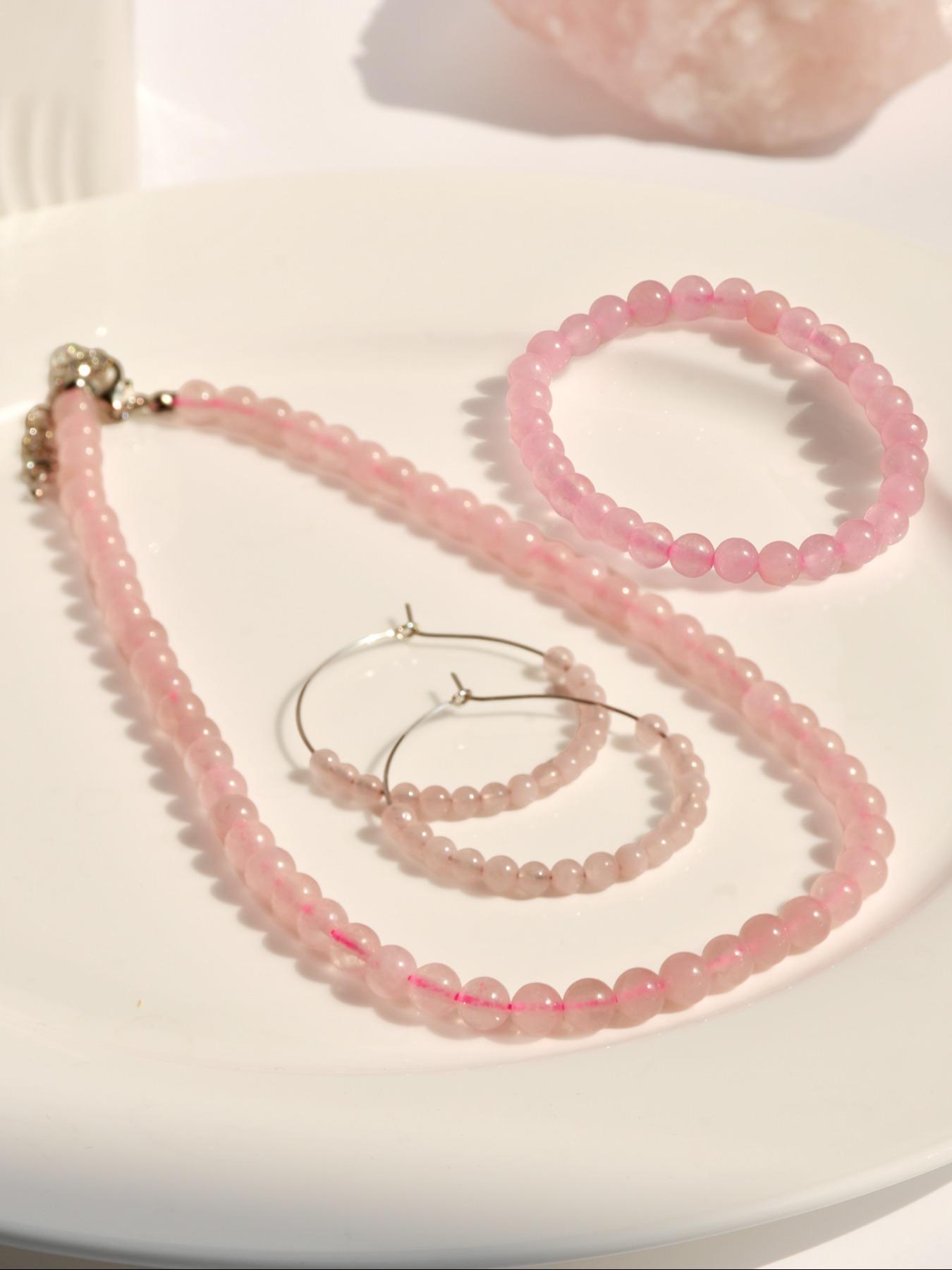 Fashion Simple Natural Pink Crystal Jewelry Set, Including Necklace & Earrings & Bracelet, Casual Jewelry Set for Women, Fashion Accessories for Party, Daily Clothing Decor
