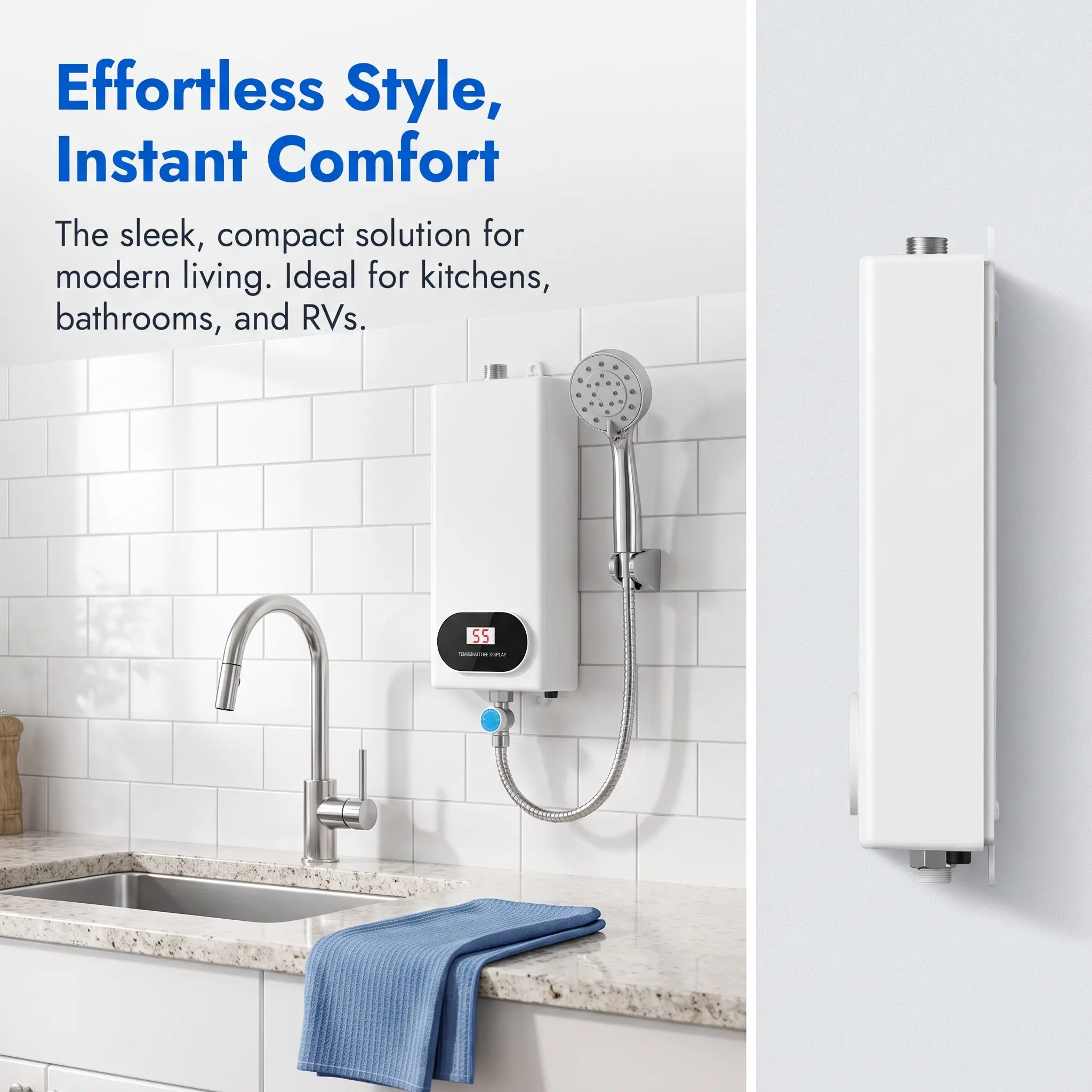 3500W Tankless Electric Water Heater with Shower Head Set, LCD Display Instant Hot Water, Easy Installation for Bathroom, Kitchen & RV