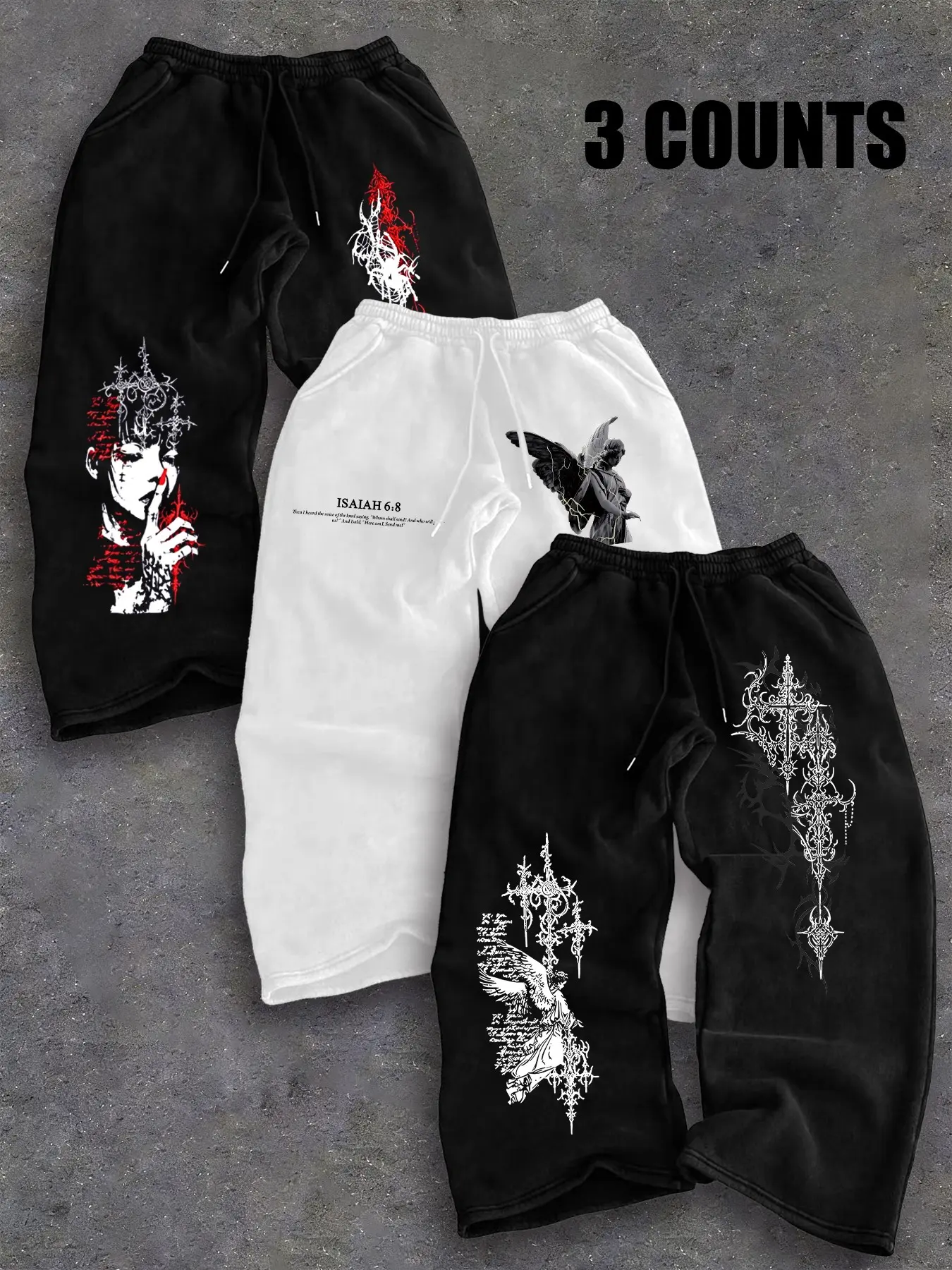 Men's 3-Pack Loose-Fit Drawstring Trousers, Floral Print, Soft Breathable, Street Style, Gym Streetwear Bottoms, Ideal for Gym and Daily Wear, Athletic Casual Trousers, Casual Sporty Pants, Drawstring Sports Pants, Daily Wear Bottoms