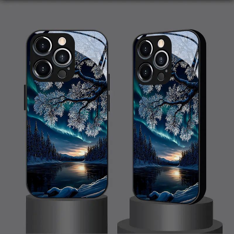 Phone case: Northern Lights Snowscape Night HD Glass Phone Case, Compatible with iphone17 17Air 16 Pro 15 Promax 14 Plus 13 12 11