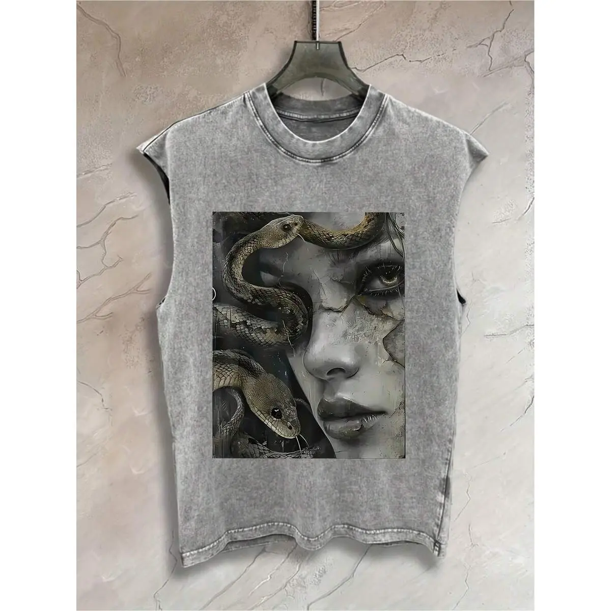 Retro Distressed Grey Sleeveless Tank Top Unisex Crew Neck Dark Surreal Woman & Coiled Snake Cracked Texture Oil Painting Graphic Casual Outdoor Gothic Grunge Streetwear Loose Fit Simple Vest For Men & Women
