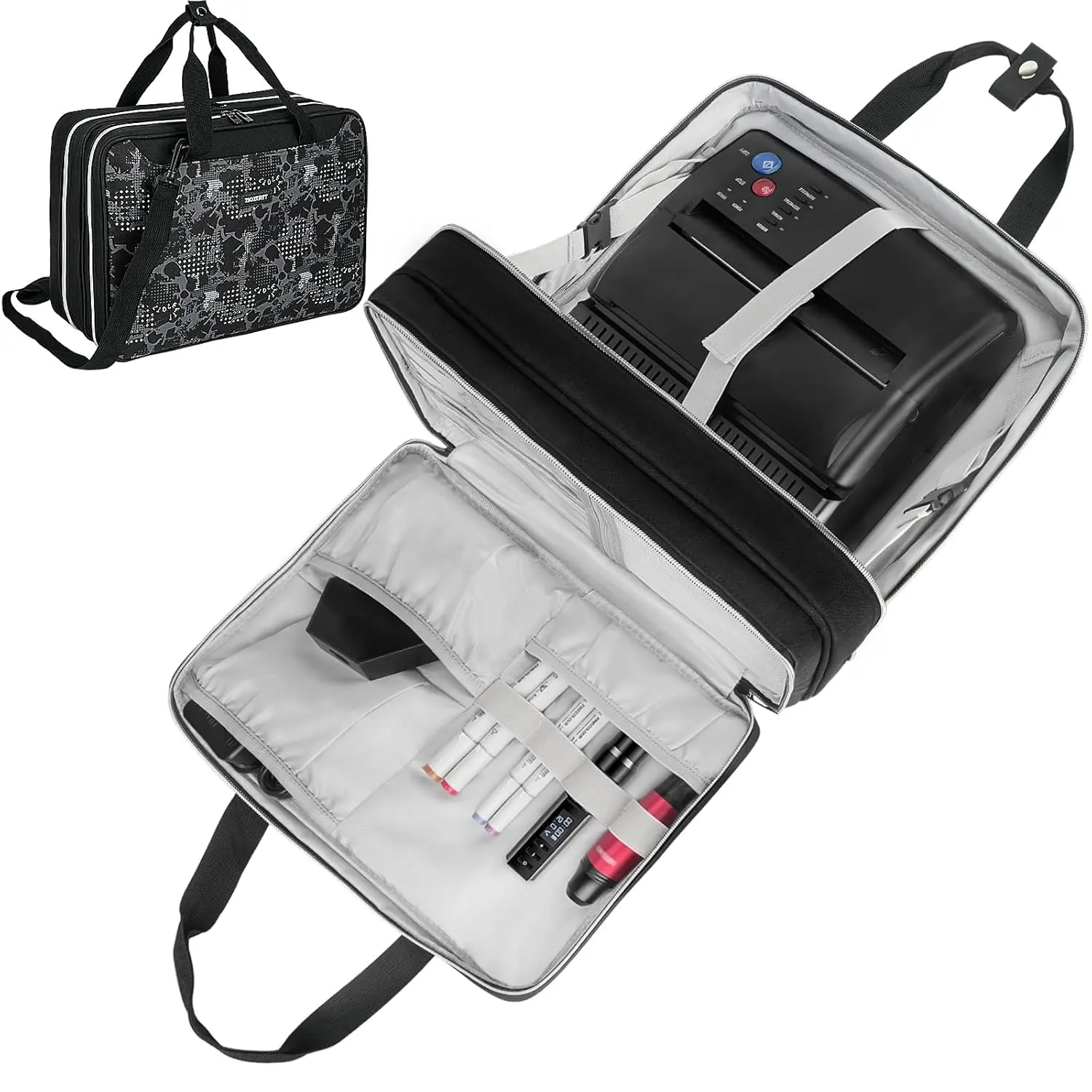 ZIOZERTT Black Print Tattoo Travel Case, Waterproof Polyester Organizer Bag, Double-Layer with Detachable Shoulder Strap for Supplies, Practical