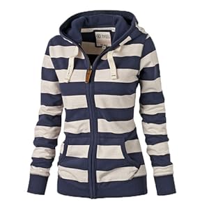Women Plain Zipper Spring Hoodie Striped Hooded Jacket