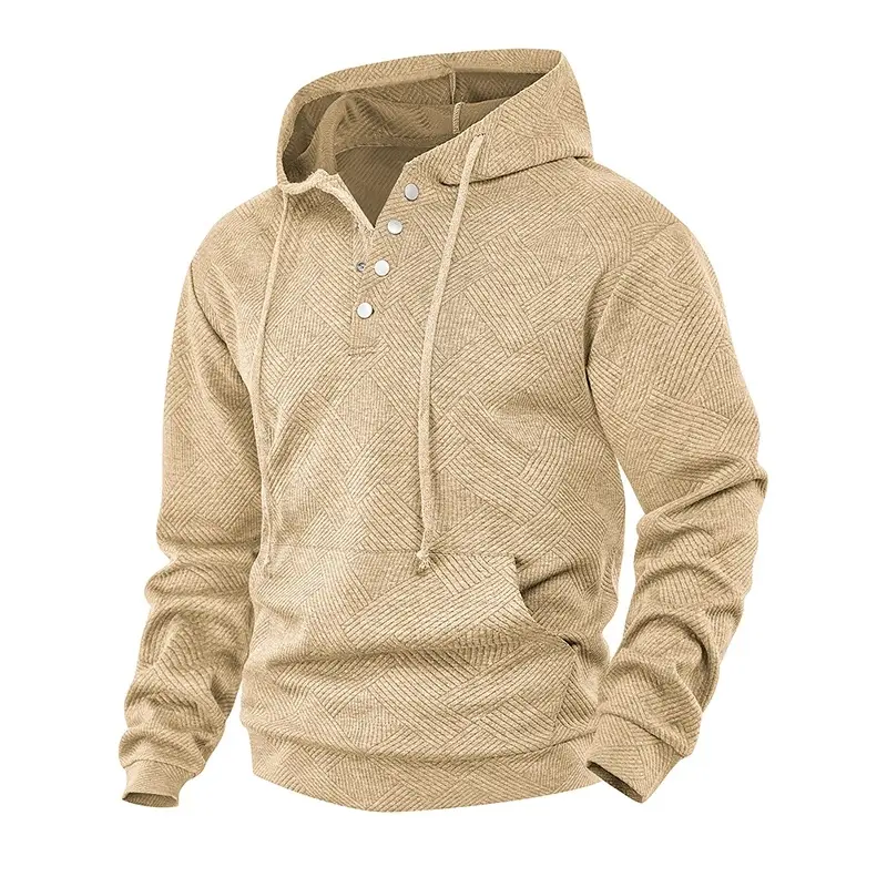 Men's Hooded Henley Pullover Sweatshirt - Polyester Geometric Texture Fabric, Partial Buttons Placket, Drawstring Hood, Kangaroo Pocket, Ribbed Cuffs & Hem, Medium Length, Relaxed Casual Fit for Spring Autumn Daily Street Outfits