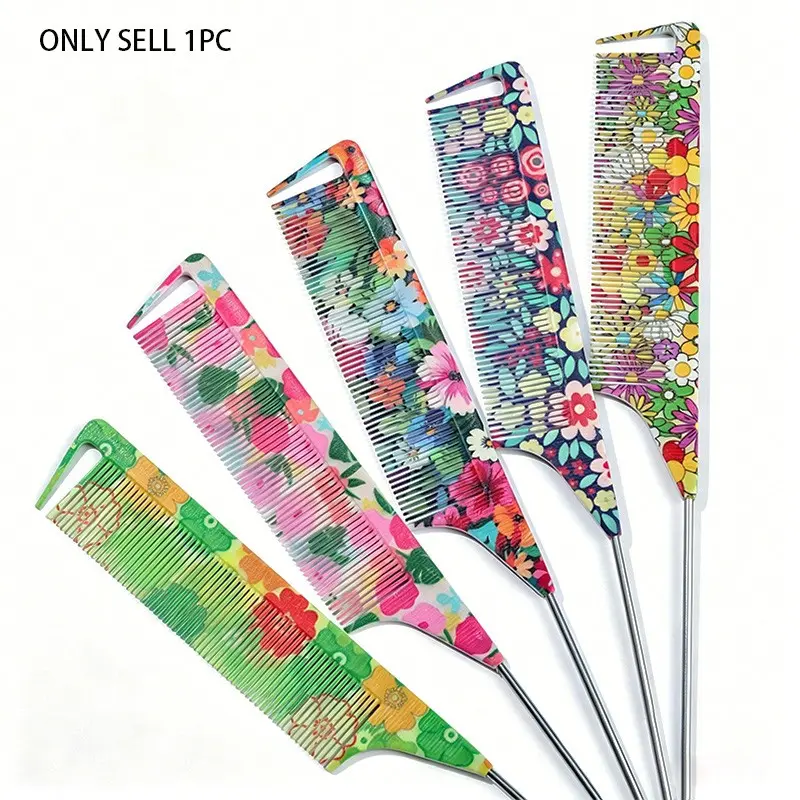 Anti-Static Tail Comb, Rat Tail Comb, 5 Floral Print Styles, Durable and Stylish, Ideal for Professional Hair Styling and Home Use, 1pc