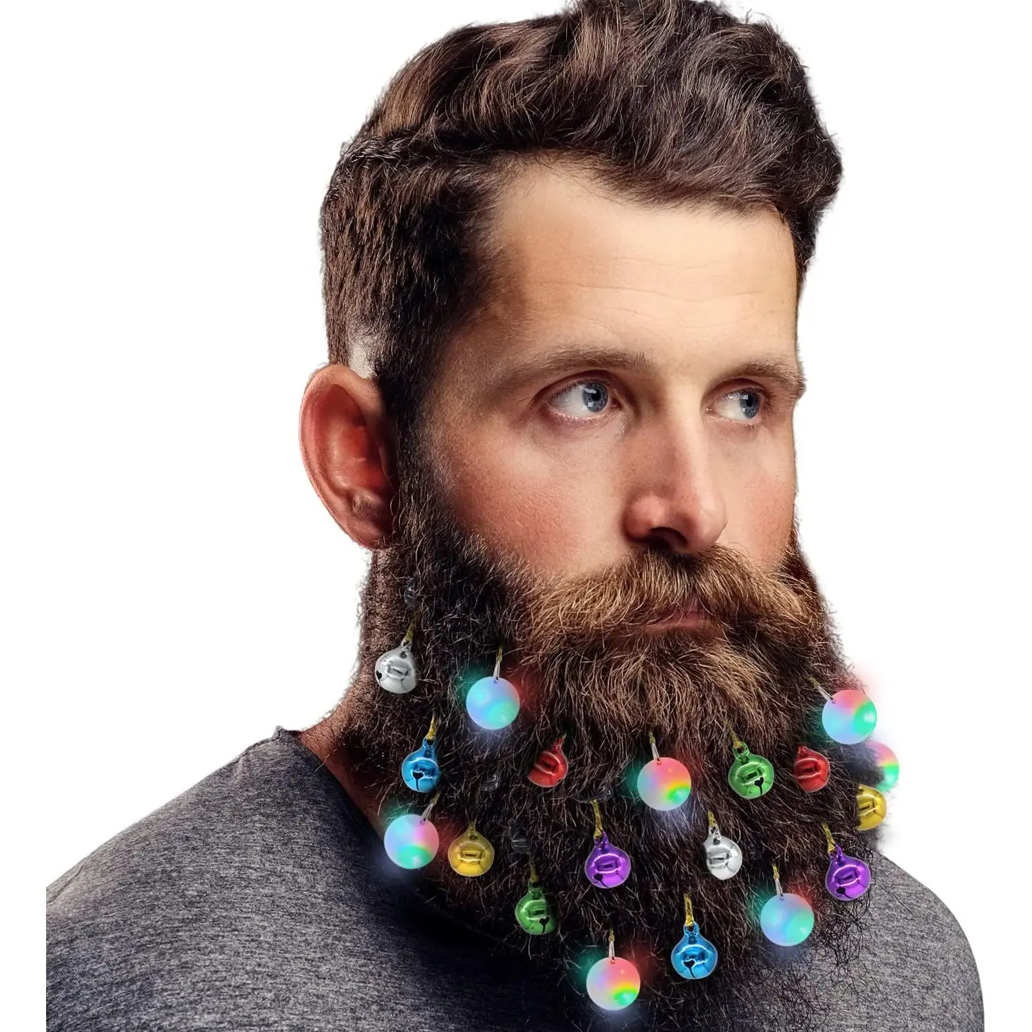 Christmas Festive Party Decor Set - 20 Beard Ornaments (4 Modern Light-Up Balls, 16 Synthetic Mini Clips) for Home Party Decor