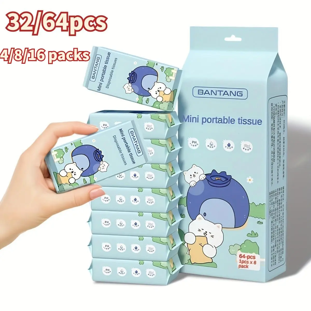 8 Packs 64 Sheets Cute Animal Mini Portable Wet Wipes, Durable Fast-Dry Cleaning Cloths Ideal for Travel, Outdoor Picnic, Kitchen, Bathroom & Home Clean-Up