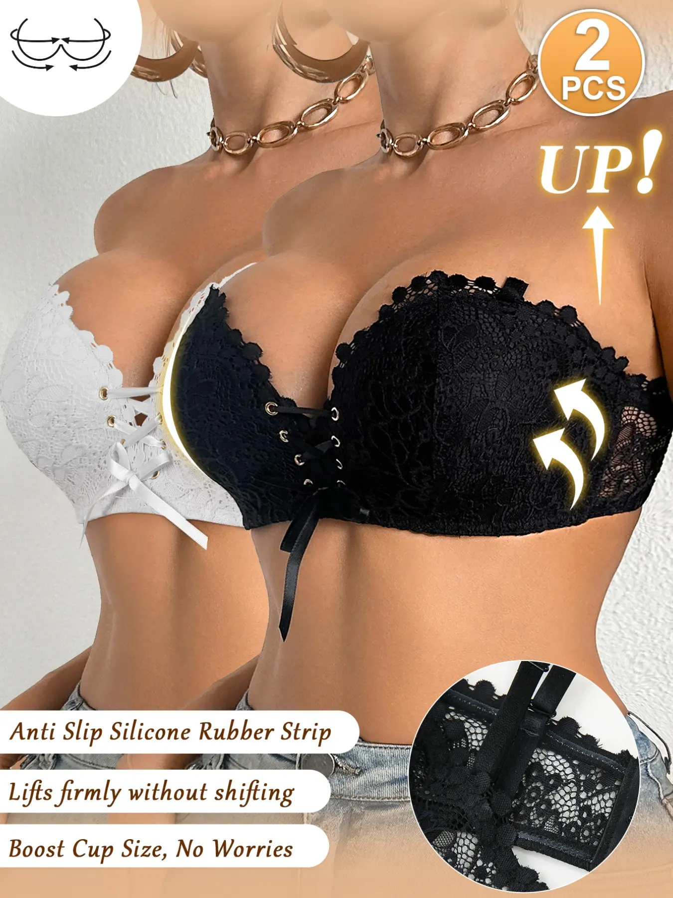 2/3PCSWomen's Lace Convertible Strapless Wireless Bra, Front Lace-Up Push-Up, Anti-Slip Silicone Strip Prevents Slipping, Breathable Side Support Lifts Bust, Great for Off-Shoulder & Formal Dresses