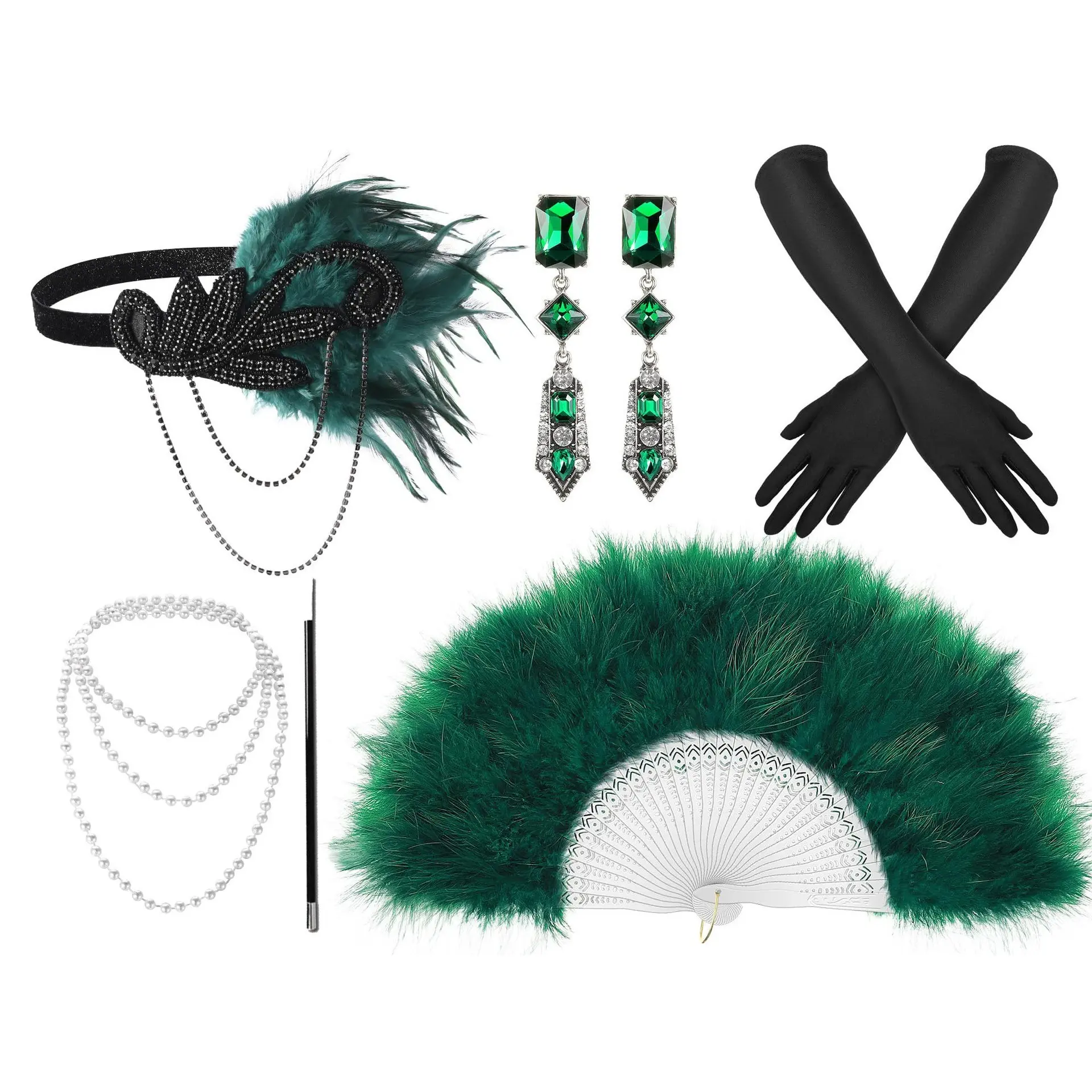 Party Feather Headband Pearl Necklace Cigar Holder Gloves Feather Fan Set, Vintage Hepburn Costume, Complete Retro Accessories