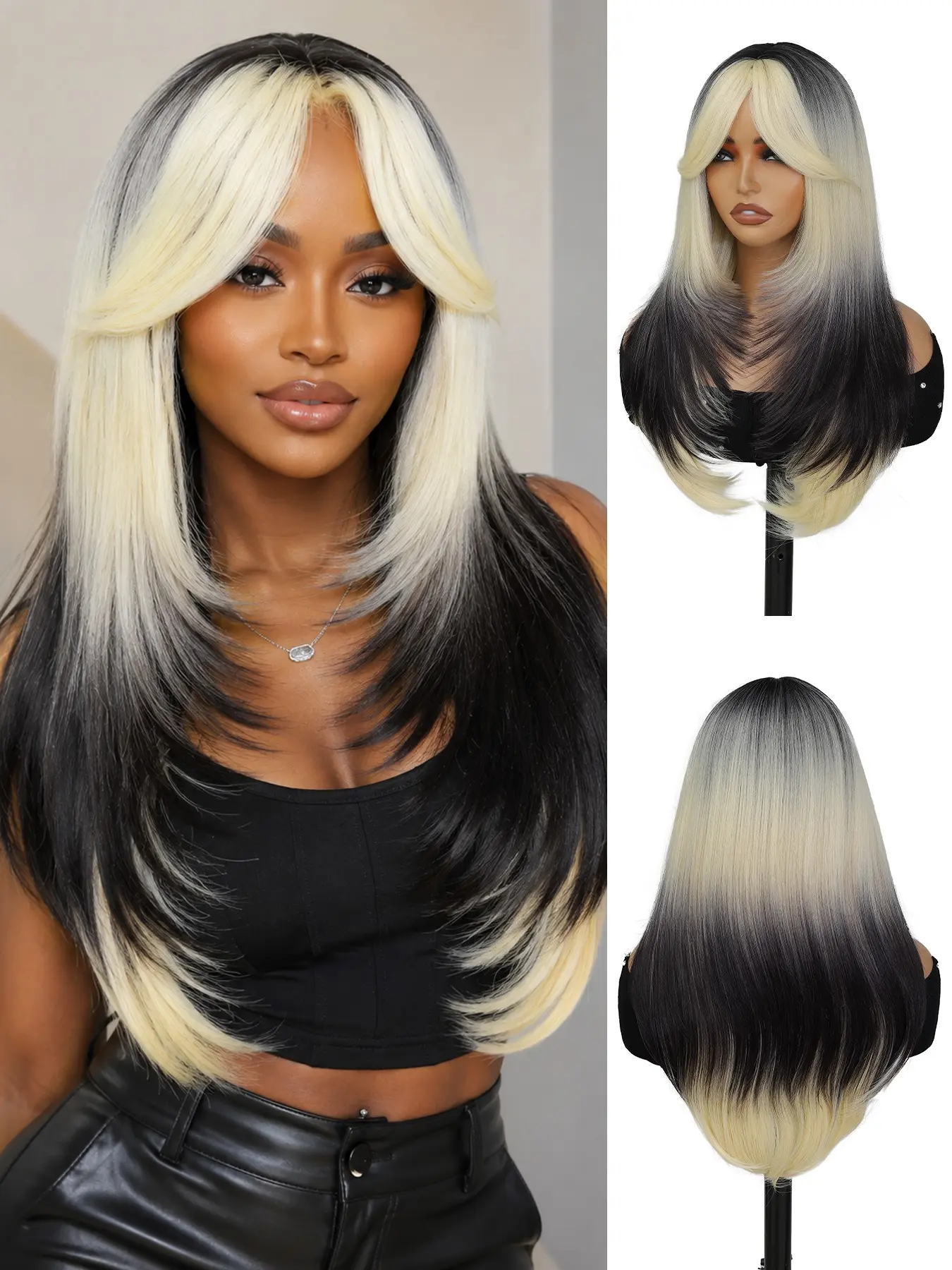 Layered Synthetic Hair wigs with bangs two tone brown black Burgundy Straight Hair wigs 26 inches synthetic wig Highlight for women Wear Daily Party Cosplay Halloween And Christmas Gifts Artificial Wig
