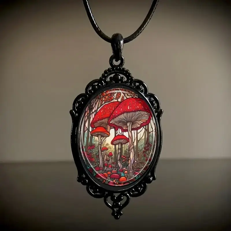 1pc Fashion Elegant Red Mushroom Pattern Black Frame Glass Necklace Romantic Gift Jewelry