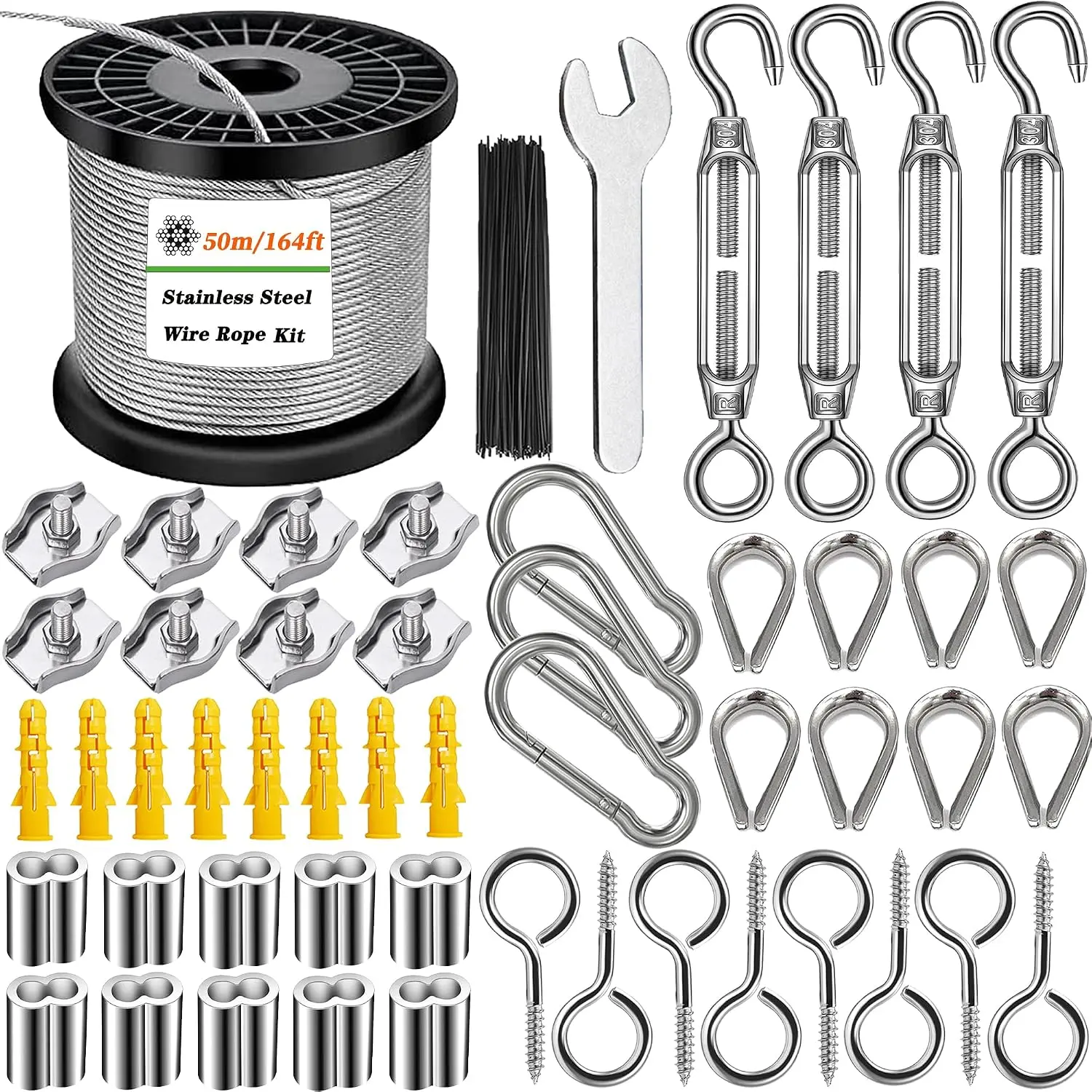 Wire Rope Kit, 1/16 inch Stainless Steel , 165ft Vinyl Coated, M4 Turnbuckles, for Garden Trellis, String Lights, Curtains