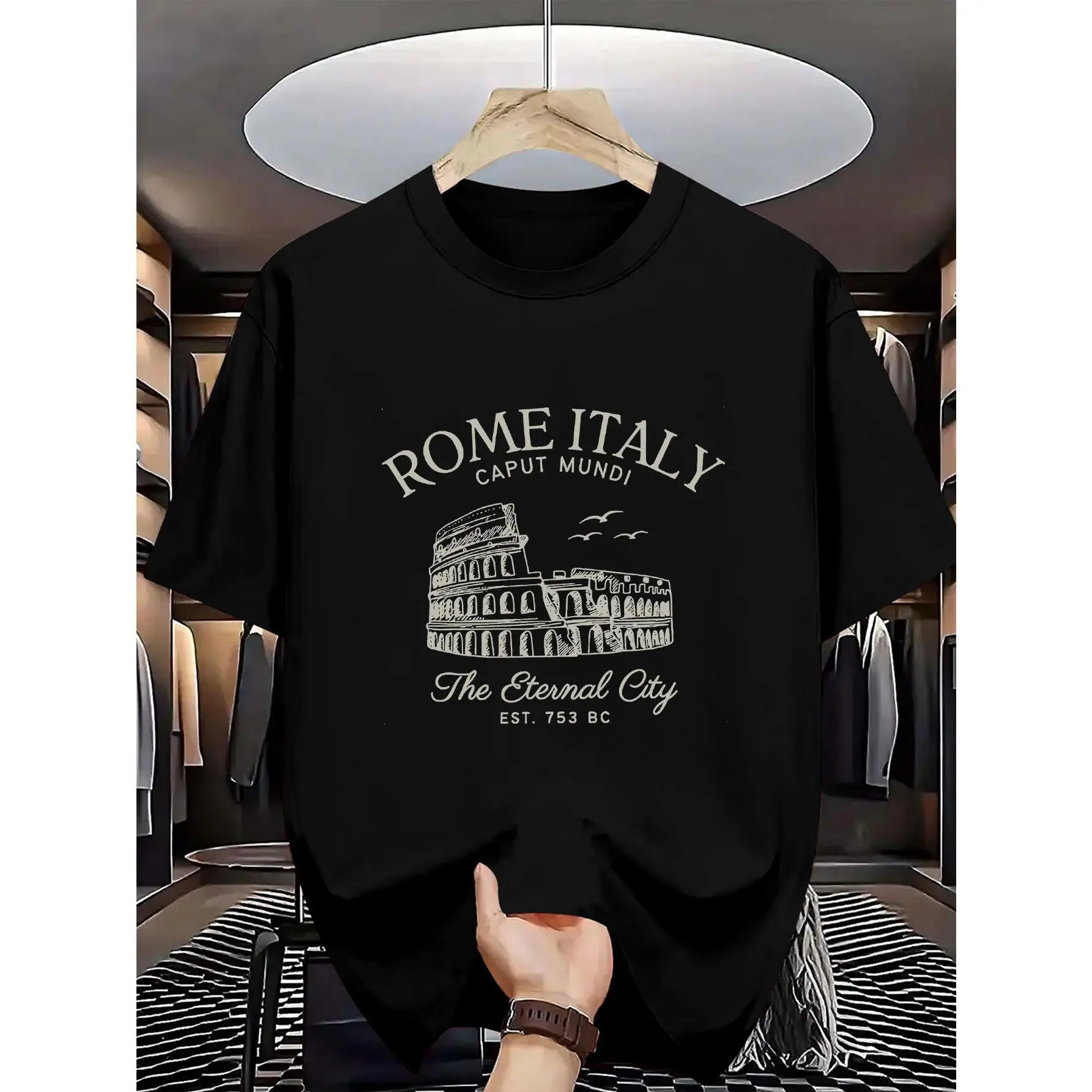 Men's Italian Rome T-shirt - Short-sleeve crew neck casual summer travel souvenir printed with the Colosseum, Roman Empire patterns and Latin inscriptions
