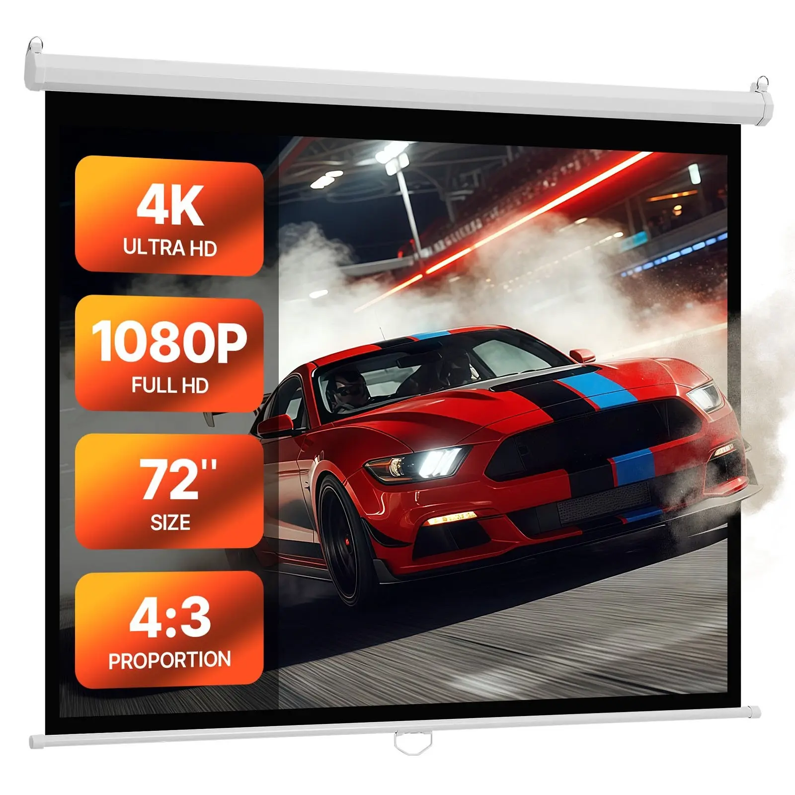 Manual Projector Screen, 72-Inch, 4:3 Aspect Ratio, 4K/1080p HD Ready, Retractable Pull-Down Projection Screen, Wall-Mounted, Portable for Family Room, Home Theater, Office Presentations, Easy Setup