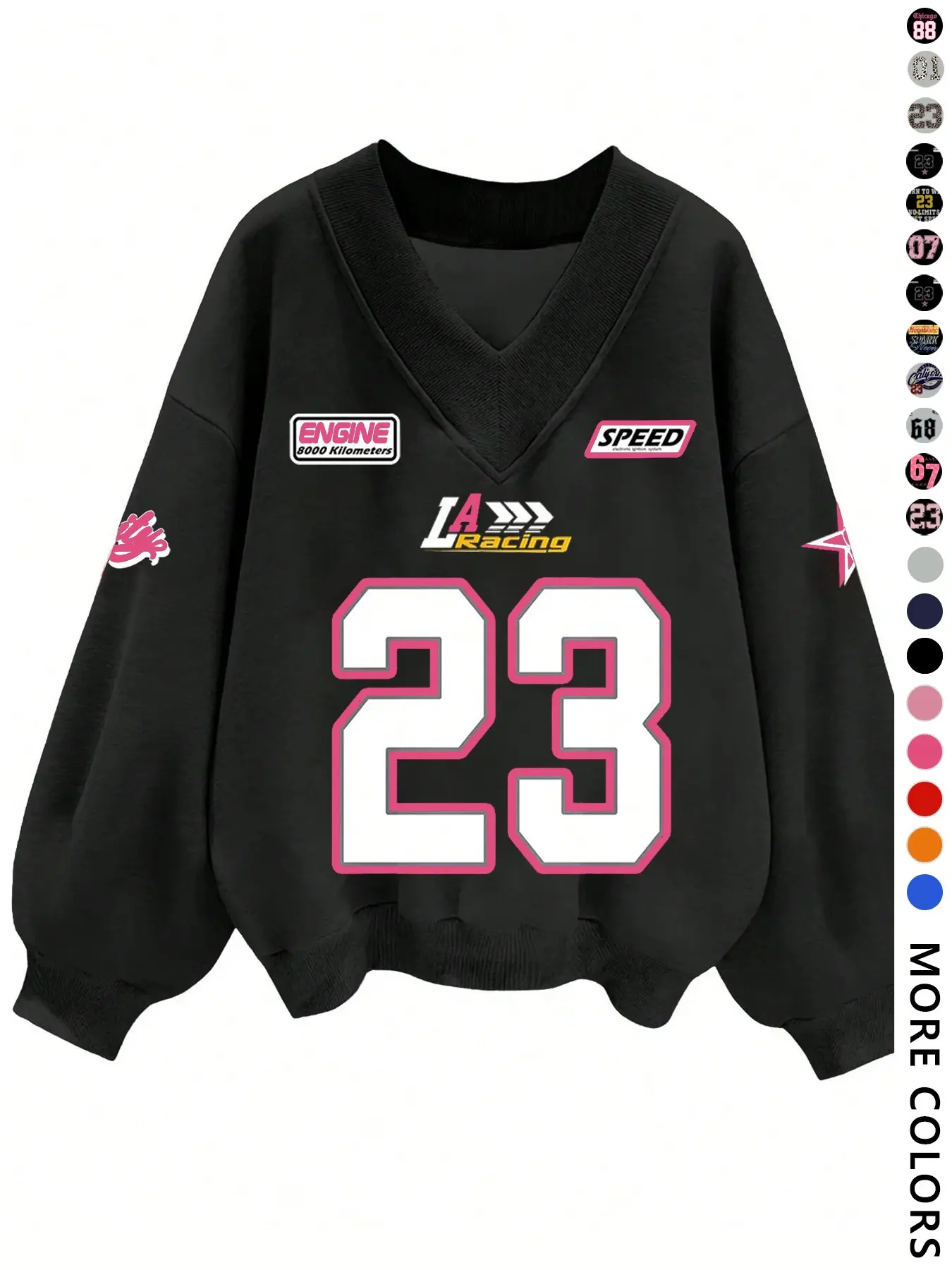 Women's Retro Racing Style Sweatshirt, Vintage Number 23 Print, Loose Fit, Casual, Long Sleeve, Fall Fashion, Streetwear Pullover