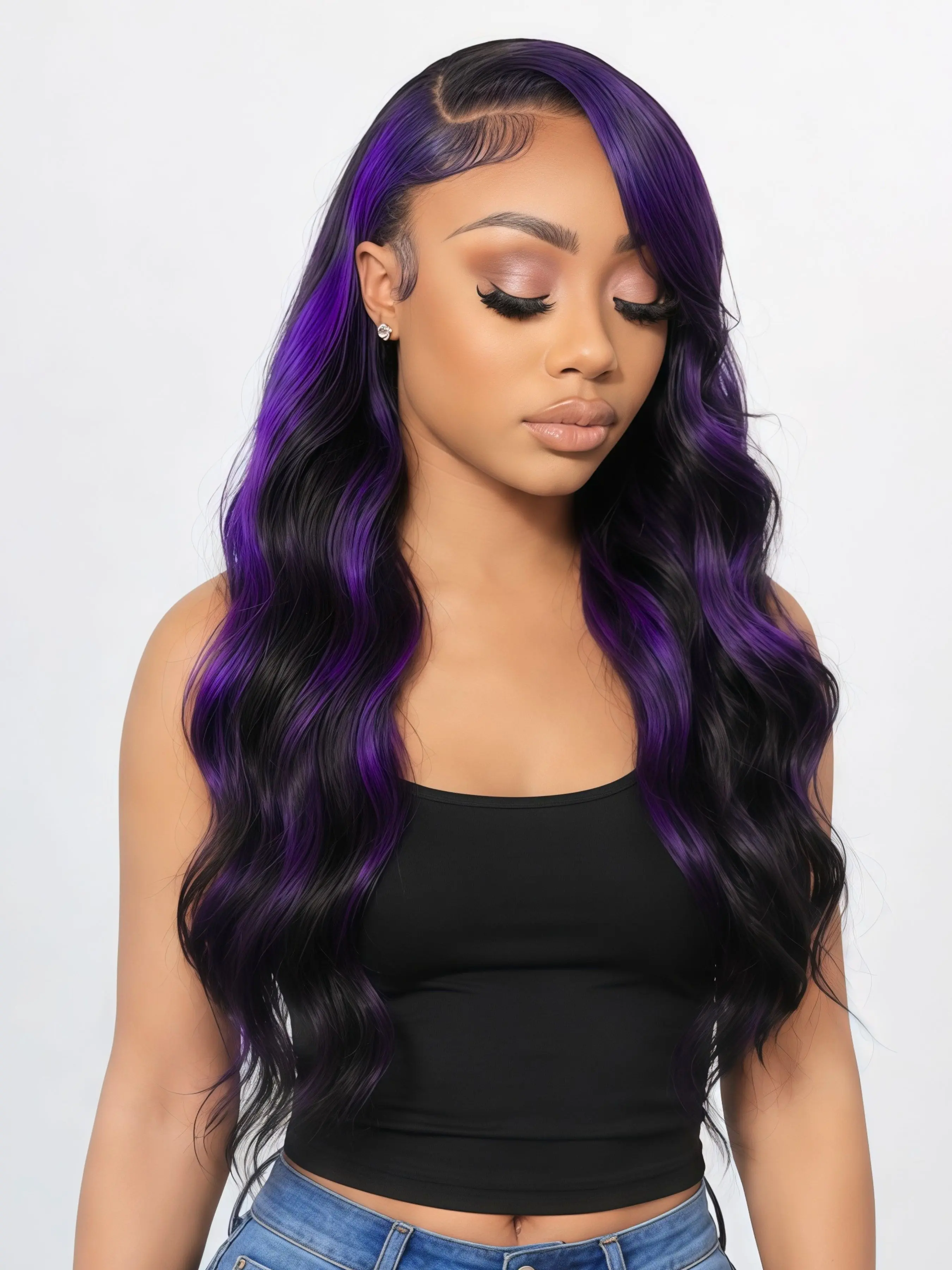 Black and Purple Body Wave Lace Front Wig, 13x4 HD Transparent Synthetic Lace Frontal Wigs for Women, Pre-Plucked Natural Hairline, Purple Concert Outfits Wavy Wig, Music Festival Styling Long Wigs for Daily Wear, Date Night  28 Inch