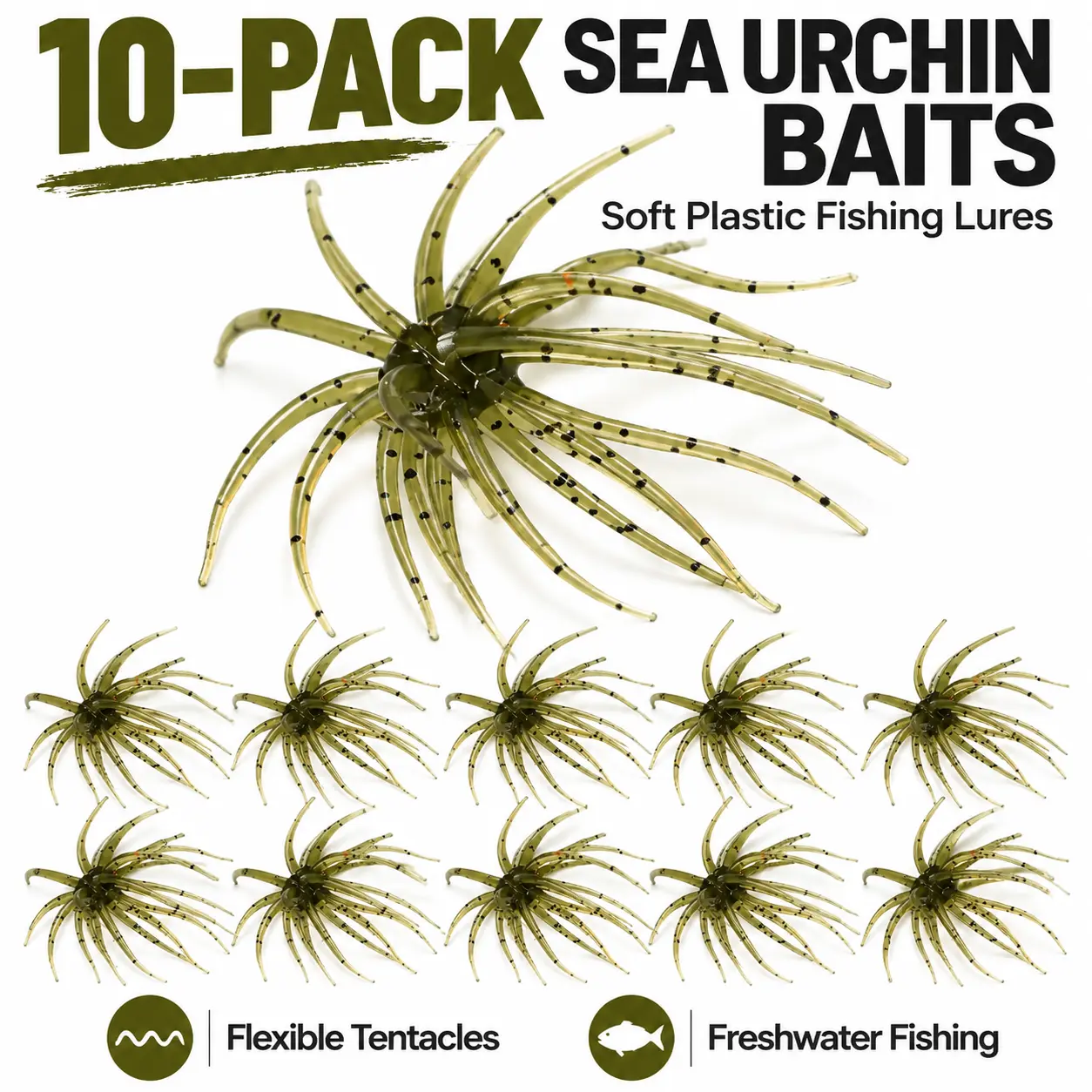 10-Pack Soft Plastic Sea Urchin Baits for Fishing, Realistic Marine-Inspired Lure Design with Lightweight Floating Construction, Durable Artificial Fishing Bait for Bass and Trout Anglers, Ideal for Freshwater Fishing, Lakes, Rivers, Ponds & Outdoor Fishi