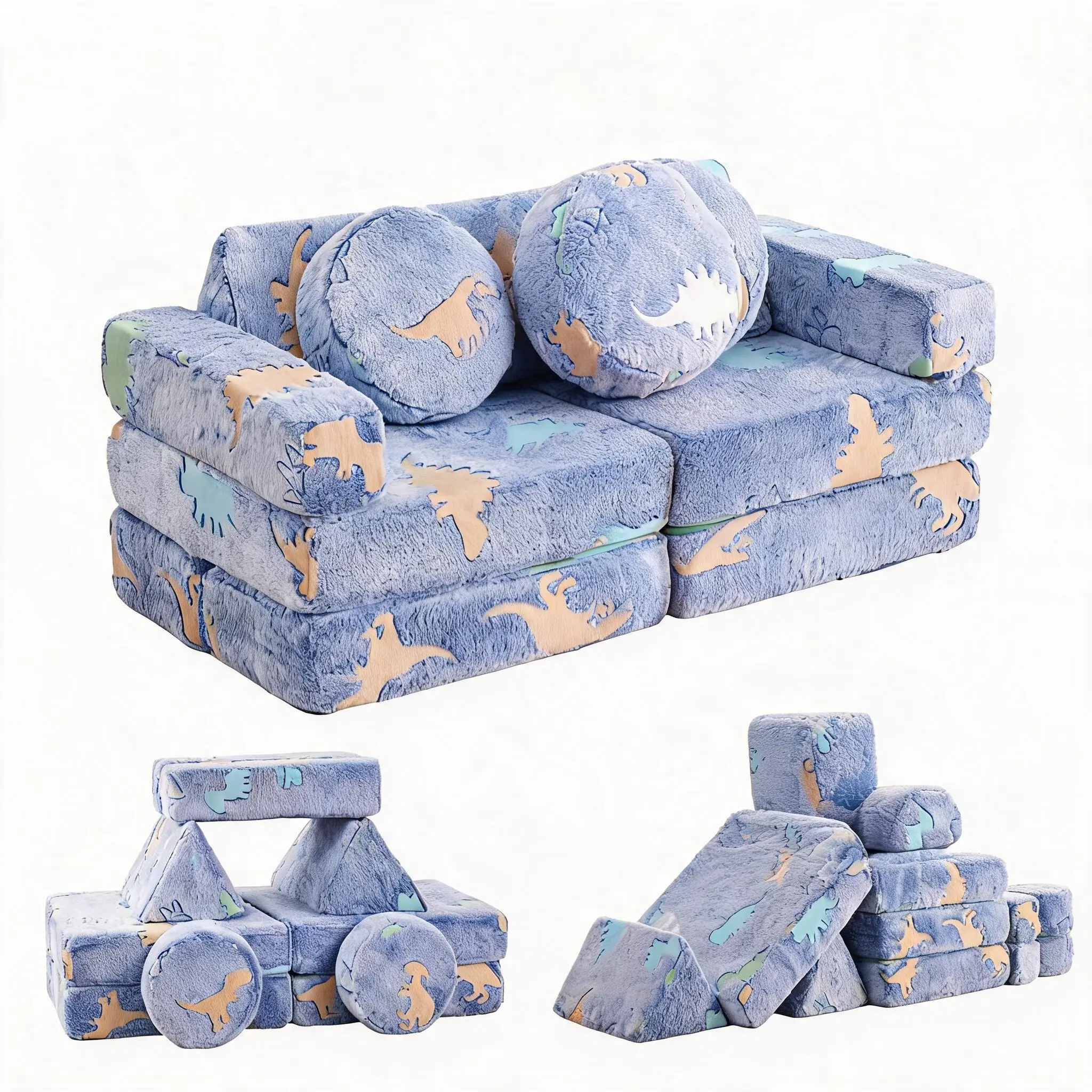 Toddler-Sized Modular Play Couch - Foldable, Compact, Playful Glow-in-Dark Soft Flannel Foam Indoor Furniture for Playroom Lounge Seating
