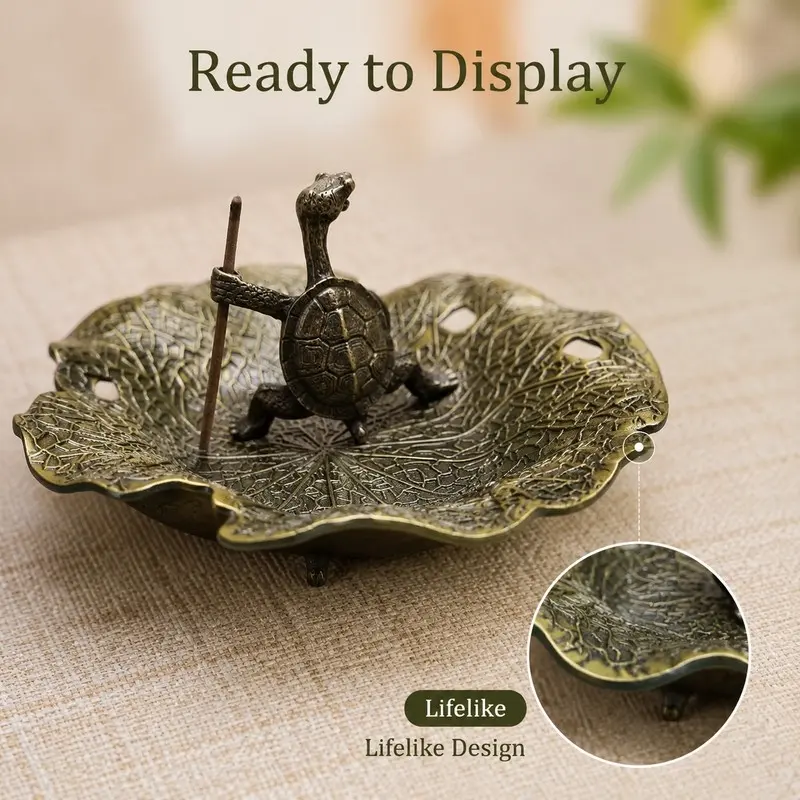 Vintage Alloy Kung Fu Turtle Incense Holder, Lotus Leaf Vein Tray Stick Incense Holder, Zen Tea Table Home Fragrance Decor Incense Stand