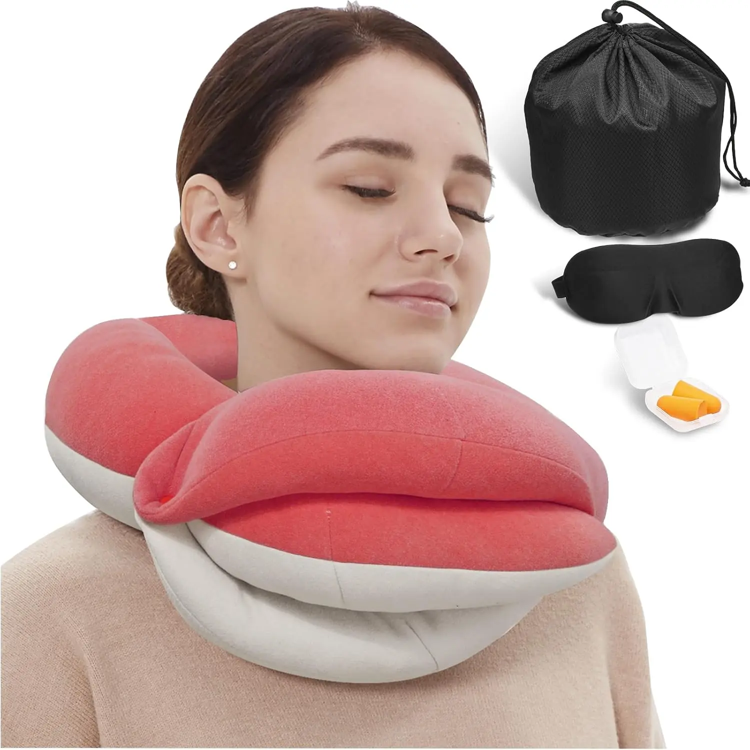Travel for Airplanes, 360° Head Sleep for Long Flight, Skin-Friendly & Breathable, Kit with Eye Mask, Earplugs and Bag (Adult, Pink, 90+ lbs)