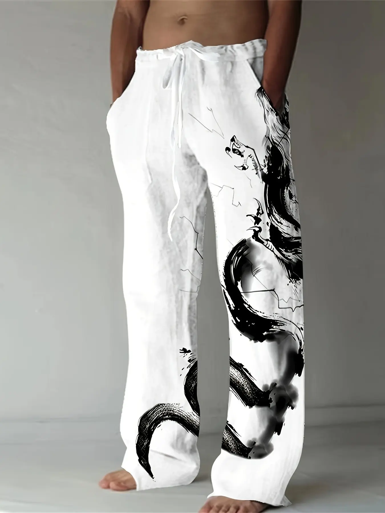 Eastern Ink Dragon Print Wide Leg Pants, New Traditional Men's Drawstring Loose Beach Vacation Casual Long Pants, Fall Fashion