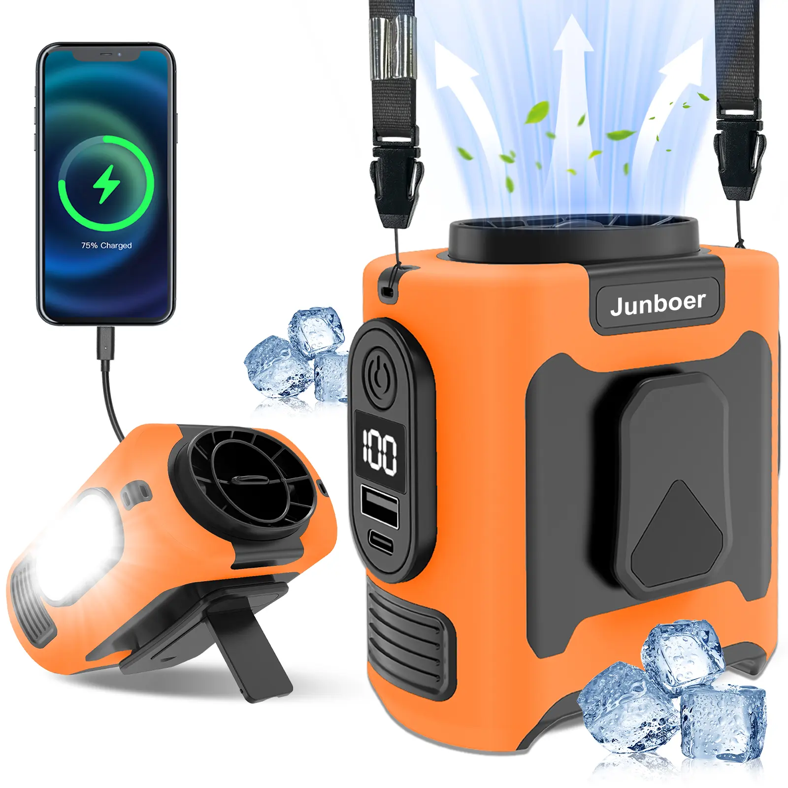 Powerful Belt Fan - 16000 Rpm 10000mAh Rechargeable Portable Waist Fan, Clamp-On Wearable Outdoor Cooling Device with 5 Speed Levels, LED Light, Built-In Power Bank, Suitable for Camping, Army Green School Gift, Portable Fans