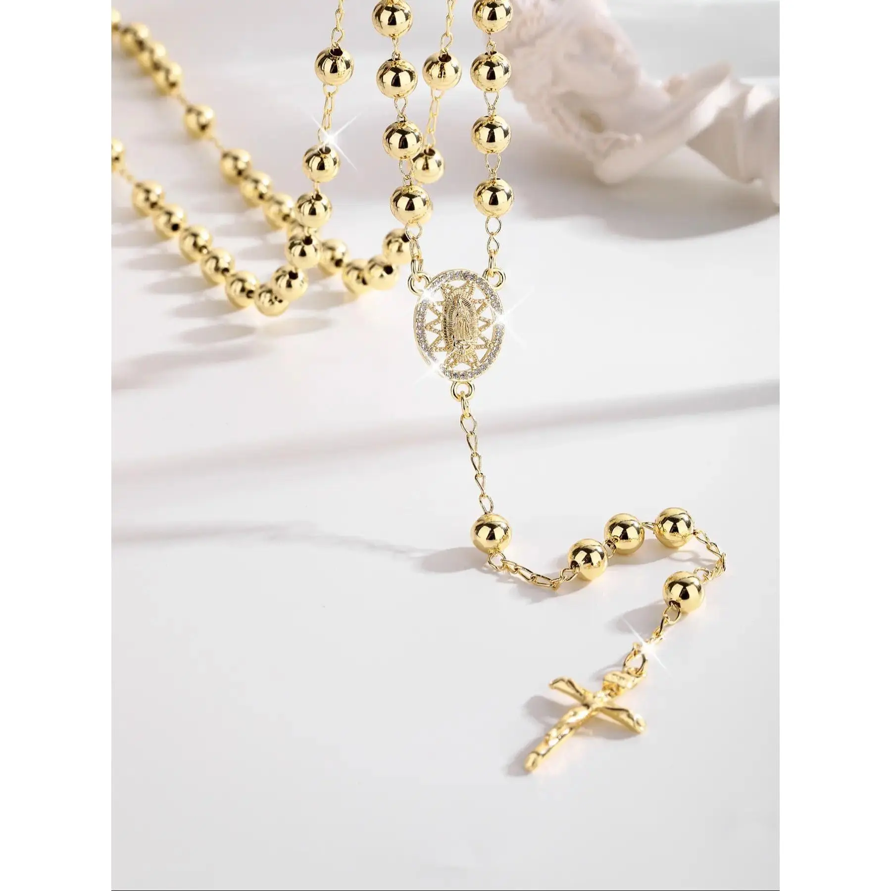 Elegant Gold Rosary Necklace Virgin Mary and Jesus Cross Pendant Beaded Faith Prayer Gift All Seasons Fashion Jewelry 24-Inch 6mm Beads Chain