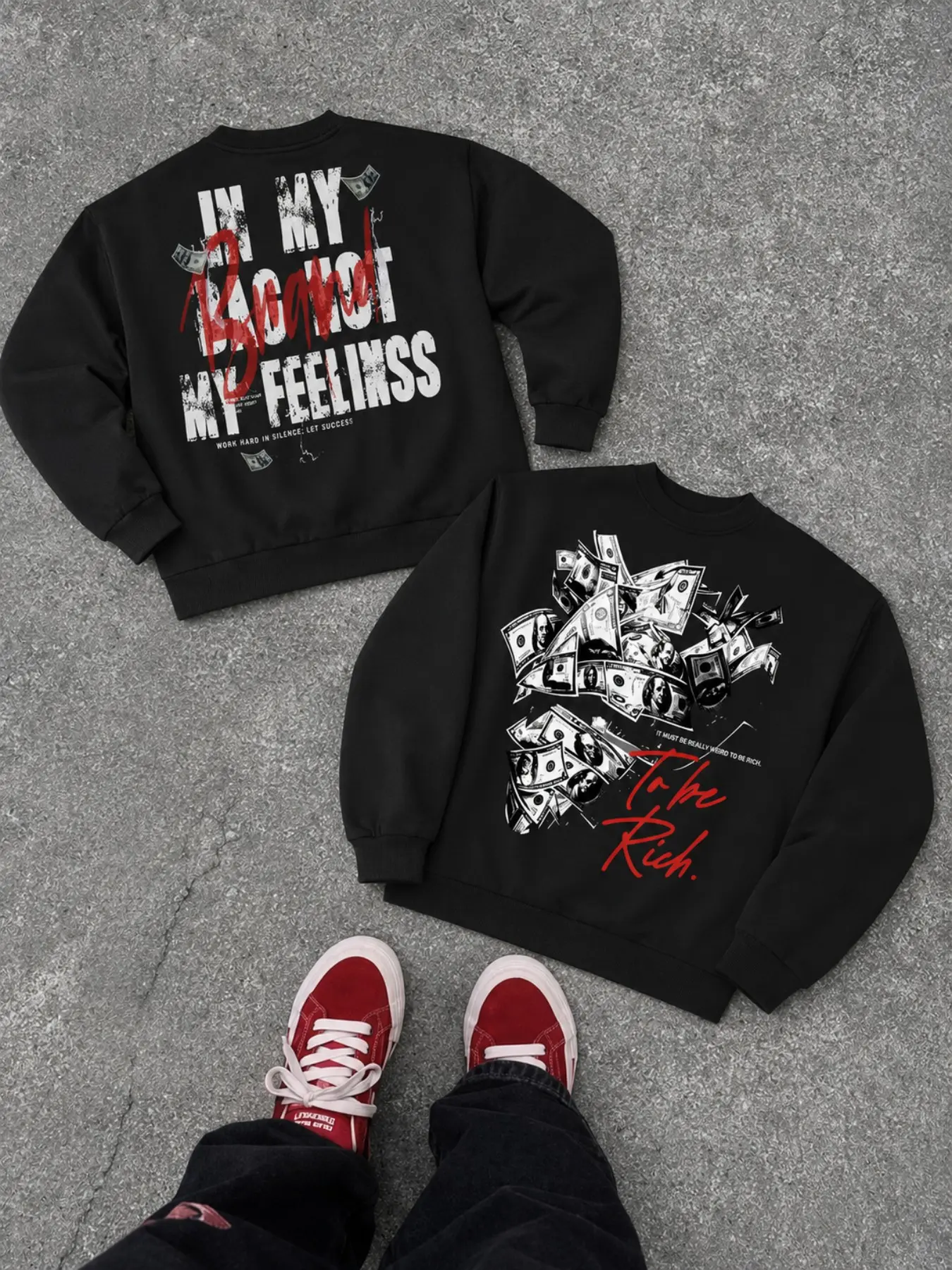 Oversized Streetwear Crewneck Long Sleeve Sweatshirt with Money Graphic & Red Cursive Text, Loose Fit Drop Shoulder Y2K Pullover Sweater for Men & Women Daily Casual Street Style