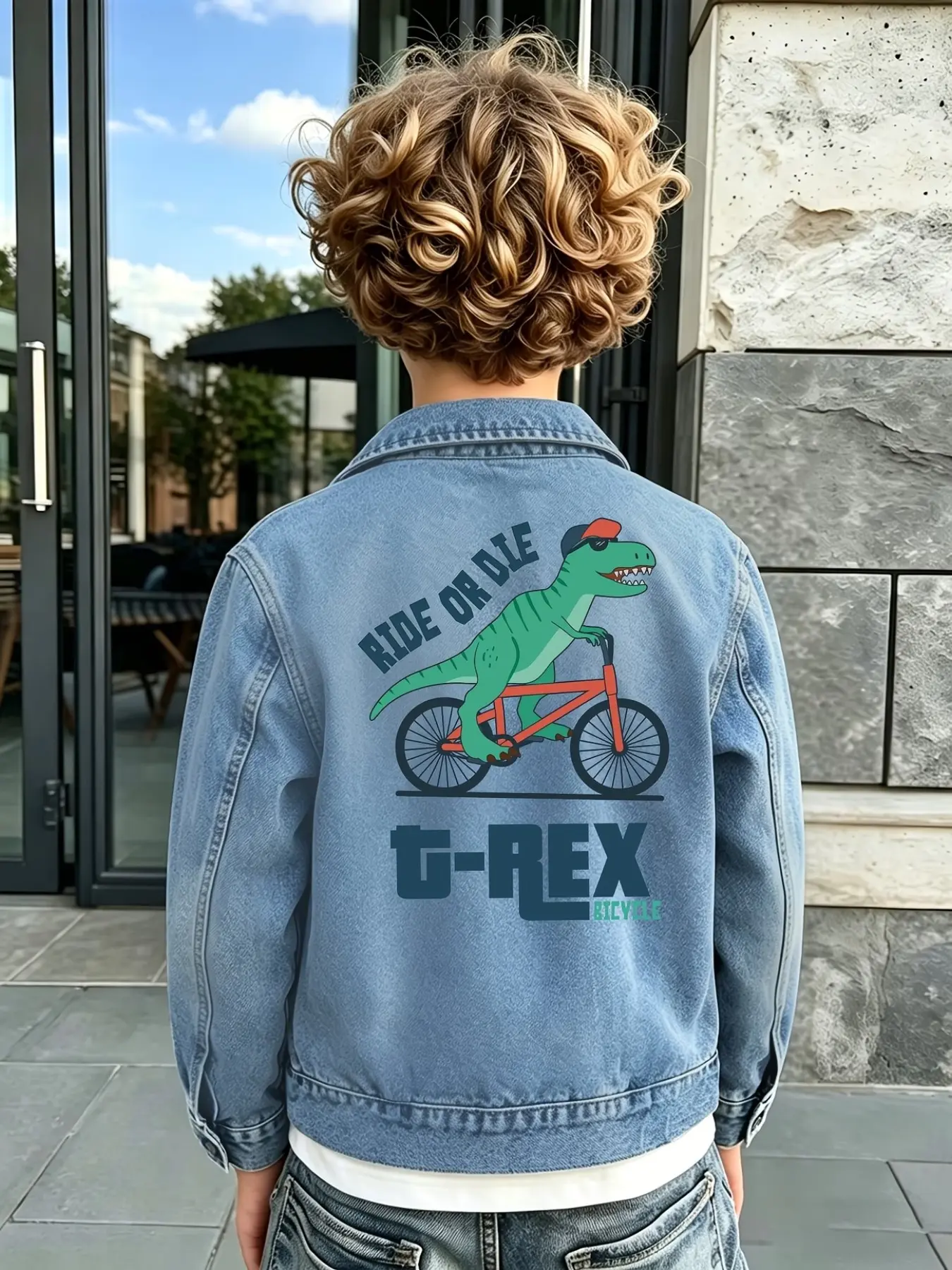 Kids' Cool Denim Jacket, T-Rex Dinosaur Print, Classic Collar & Button Design, Easy Wear, Spring Fall Outerwear, Trendy Kids' Jacket