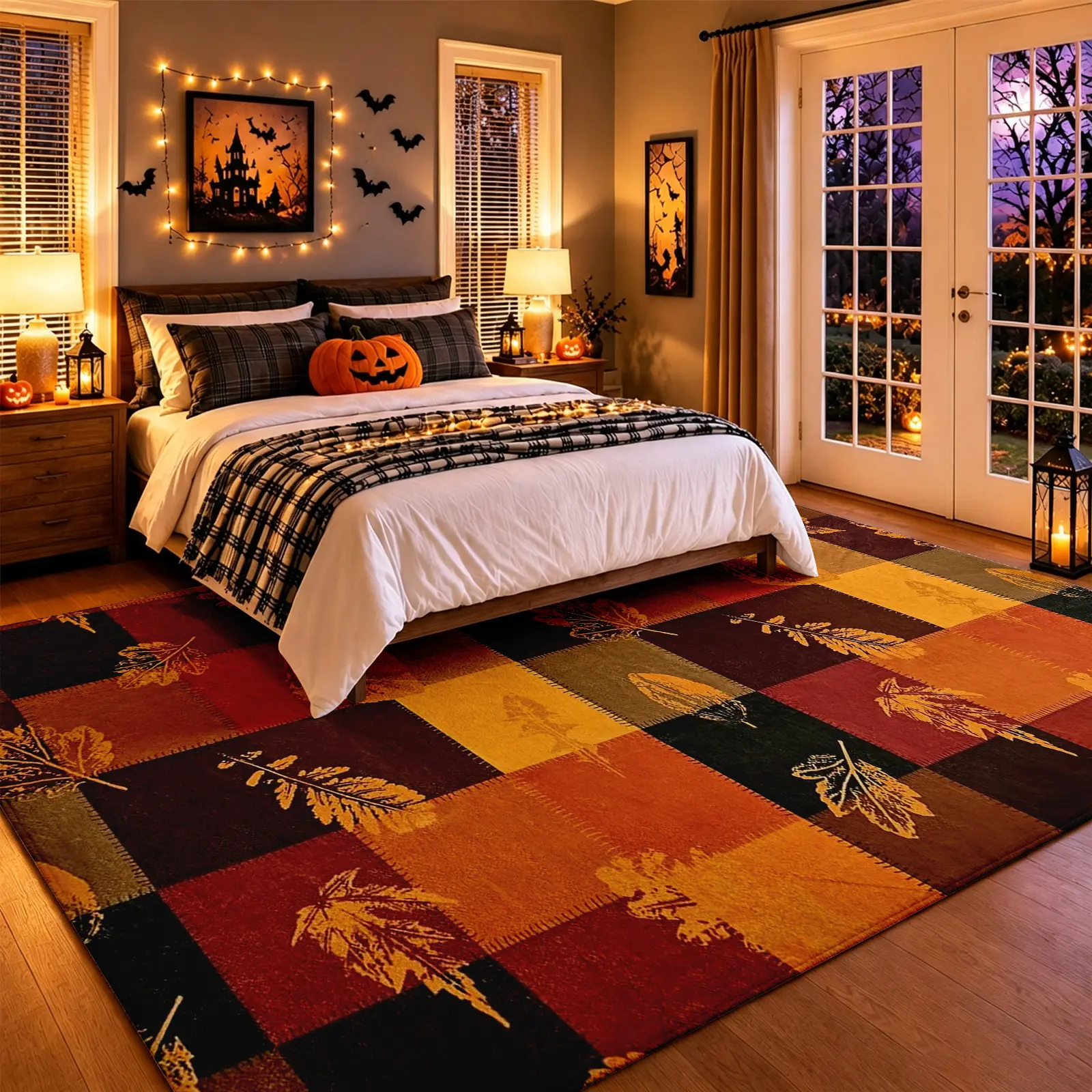 Festive Autumn Leaf Patchwork Area Rug, Soft Plush Non-Slip Machine Washable Carpet, Cozy Fall Seasonal Room Decor for Living Room Bedroom Dining Room Office, Halloween Christmas Housewarming Holiday Home Decor