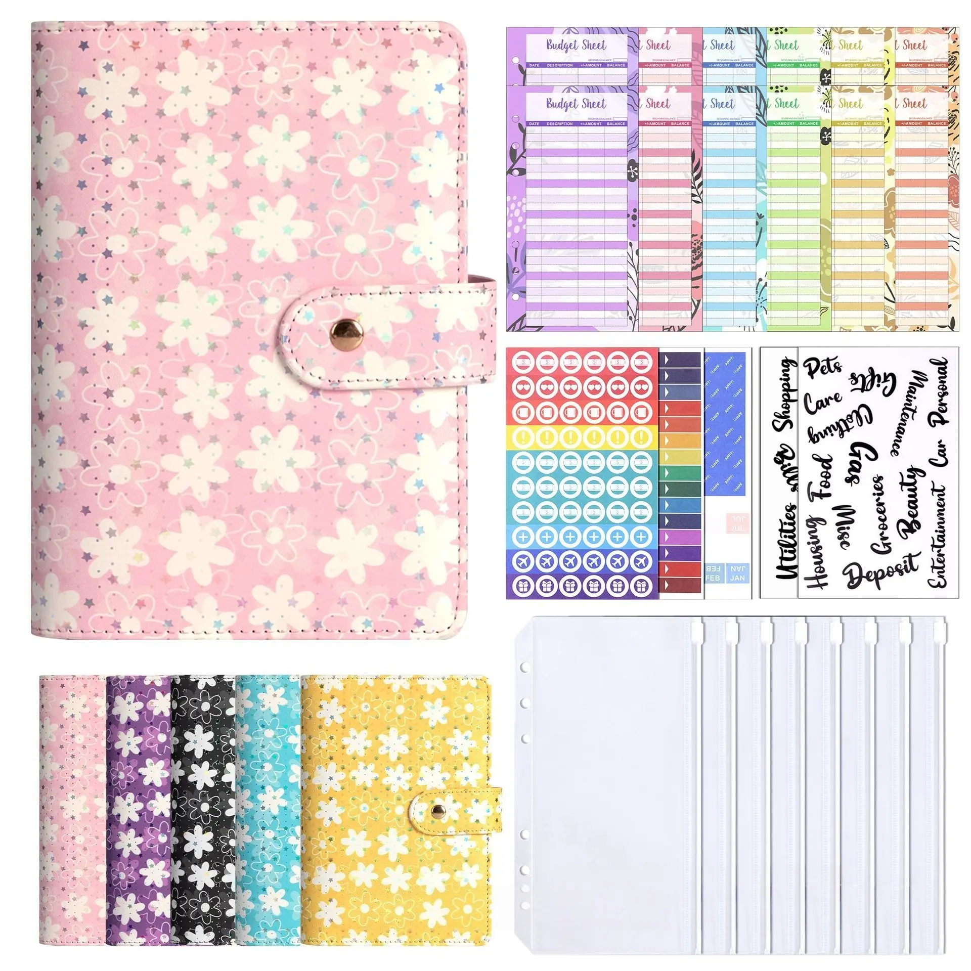 Cute Floral Pattern Cash Budget Notebook, A6 Size Ring Binder Family Ledger, Income Expense Record Sheet with Stickers, Savings Habit Formation