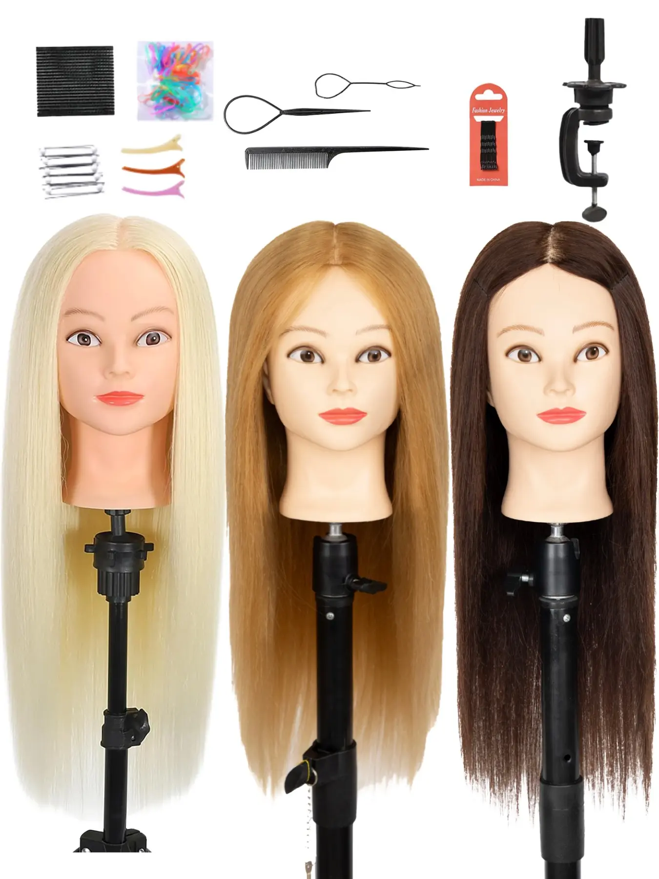 26 Inch 80% Real Human Hair Mannequin Head with Clamp Stand and Complete Hair Styling Tools, 3 classic shades available. The hair can becut and braided freely, perfect for hairdressing students, salon trainees and DIY hairstyle enthusiasts