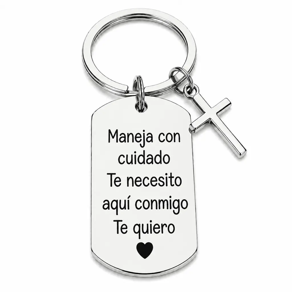 HOLDNEAR Spanish Engraved Dog Tag Keychain With Cross Charm, Stainless Steel Driving Safety Reminder Key Ring, Romantic Gift for Husband Boyfriend Men Birthday Anniversary Valentine