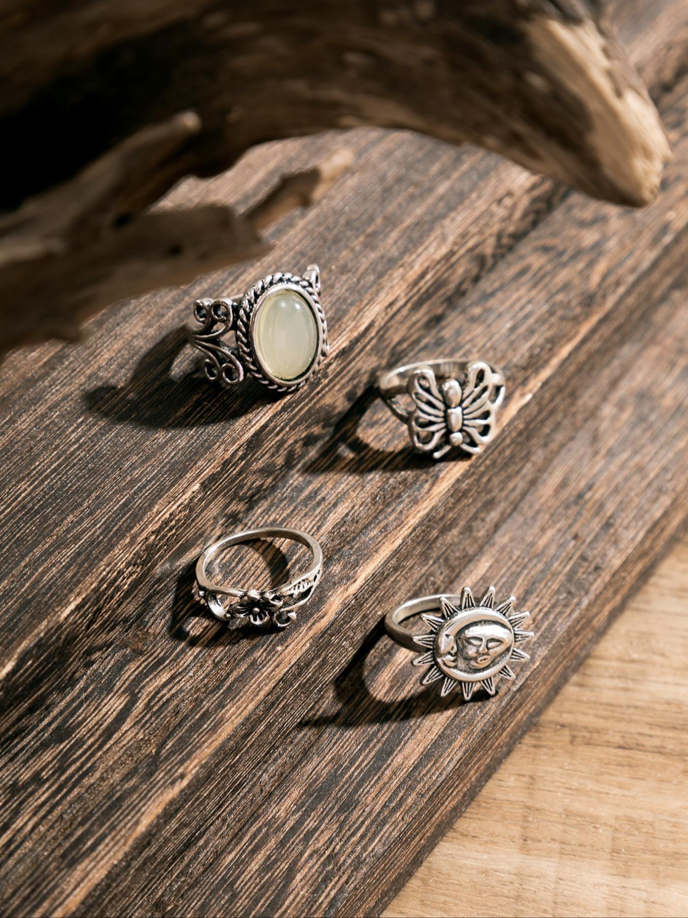 4pcs/set Vintage Butterfly & Flower Design Grunge Ring Bundles Kit, Streetwear Stacking Rings, Fashion All-match Accessories for Women & Girls