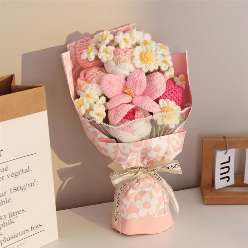 Handmade Crochet Flower Bouquet, 1 Bunch Decorative Artificial Flowers for Home Decor, Weddings, Parties & Anniversaries, Perfect Gift for Valentine’s Day, Birthday, Mother’s Day & Thanksgiving, Fake Flower