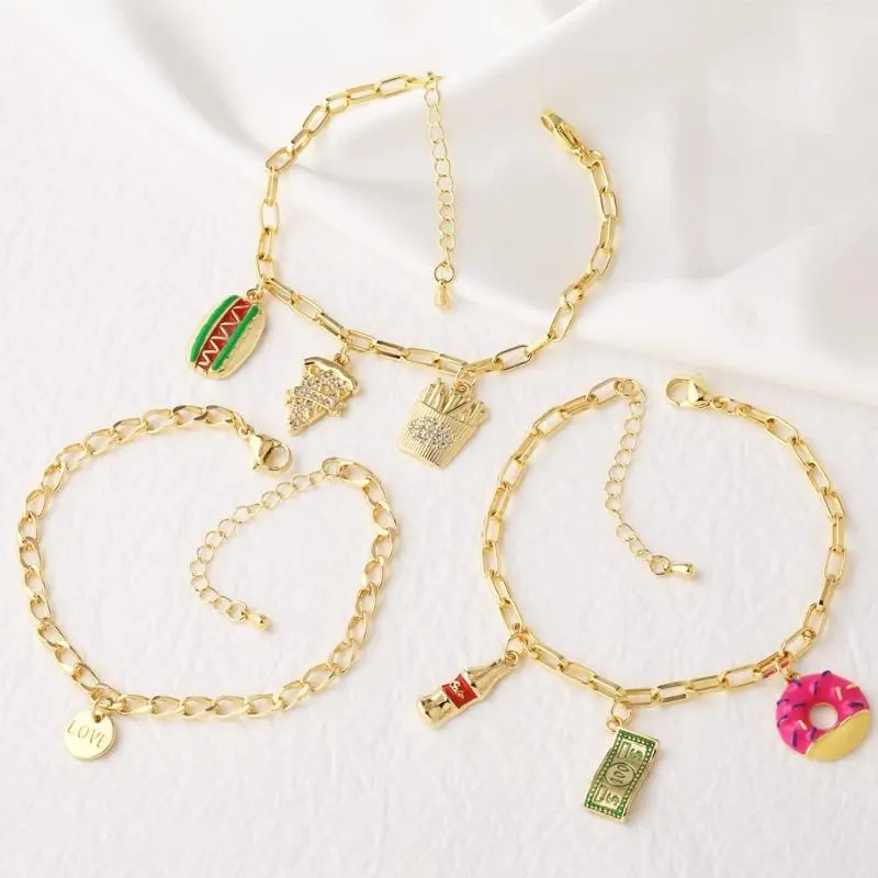 Cute Donut Charm Bracelet with Vivid Enamel Dollar Sign, Trendy Gold-Tone Jewelry for Women, Lightweight Fit for Daily Wear, Wristband, Adorable Donut And Dollar Sign Charm, Bangle