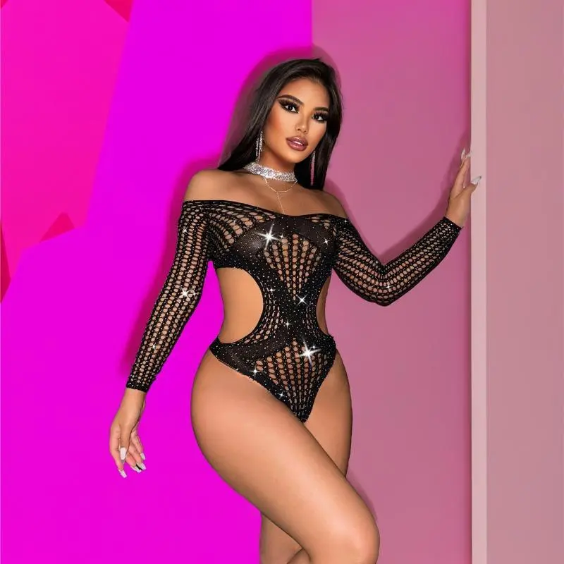 Women's Fishnet Rhinestone Top, Basic Long-Sleeve See-Through Bodice with Open Back, Hollow Out Fashion Accessory, Funky, Stylish Women's Wear, Peppy, Polyester, Glamorous