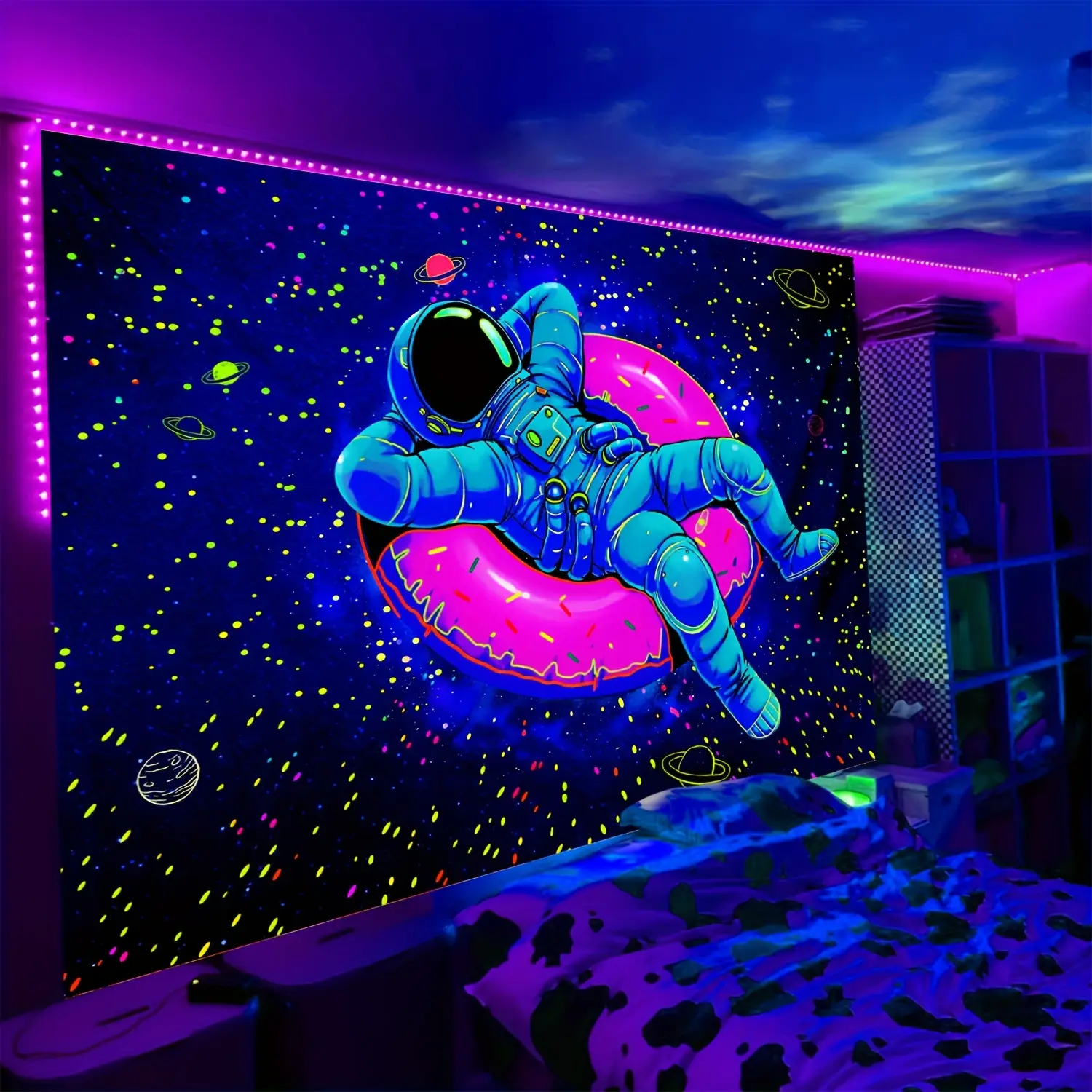 2D Flat, 2D Flat - 2D Flat Banner Astronaut And Donut Glow-In-The-Dark Tapestry - Large Starry Sky UV Black Light Wall Hanging, Soft Peach Skin Fabric, Perfect for Bedroom, Living Room, Dorm Decor - Includes Free Additions, Astronaut Donuts