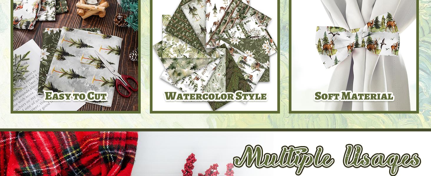 12Pcs Christmas Watercolor Forest Cotton Bundles 18 x 22 Inch Green Christmas Tree Flower Deer Fat Quarter Xmas Quilting Patchwork for DIY Sewing Crafting