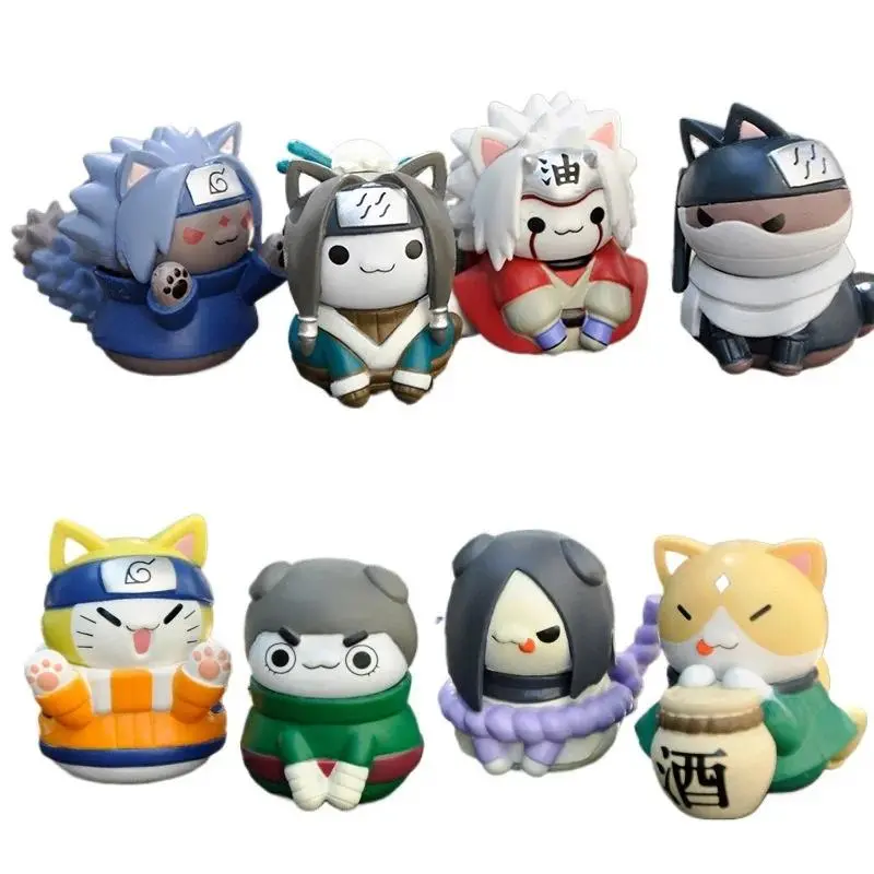 Naruto 8Pcs/Set Anime Figure Sasuke Kitty Naruto Kakashi Shikamaru Action Figure Q Version Collection Ornament Model Toys Gifts