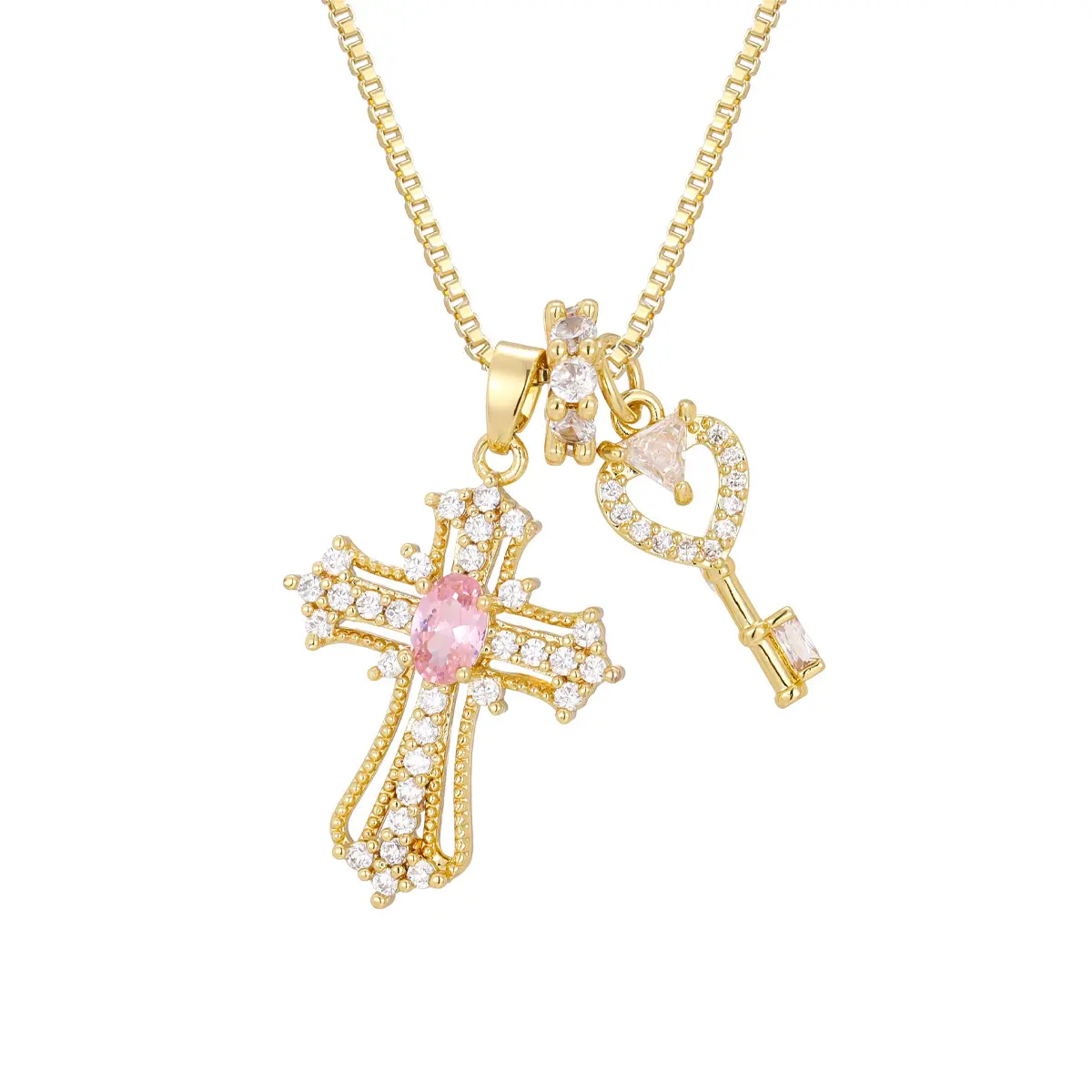 Gold Tone Copper Box Chain Necklace with Clear Cubic Zirconia Cross & Pink Crystal Heart Key Charm, Religious Love Layering Jewelry for Women