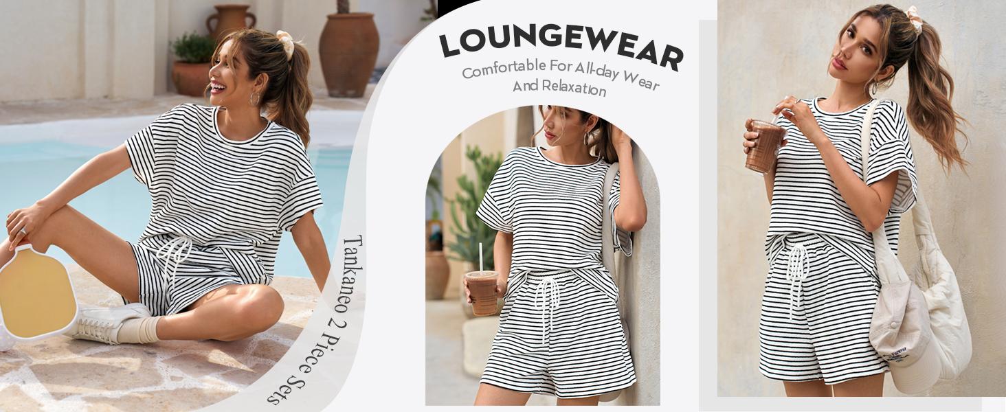 Aoysky Womens Striped 2 Piece Lounge Sets Short Sleeve Oversized T Shirts Drawstring Shorts Matching Set