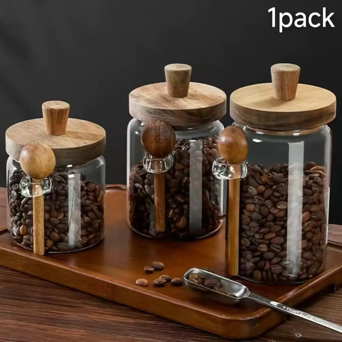 Clear Borosilicate Glass Storage Jar with Spoon and Wooden Lid, Airtight Moisture Proof Heat Resistant Food Grade BPA Free Container, Stackable Dishwasher Safe Kitchen Organizer for Tea Coffee Sugar Spices Herbs, Perfect for Pantry Countertop Daily Use