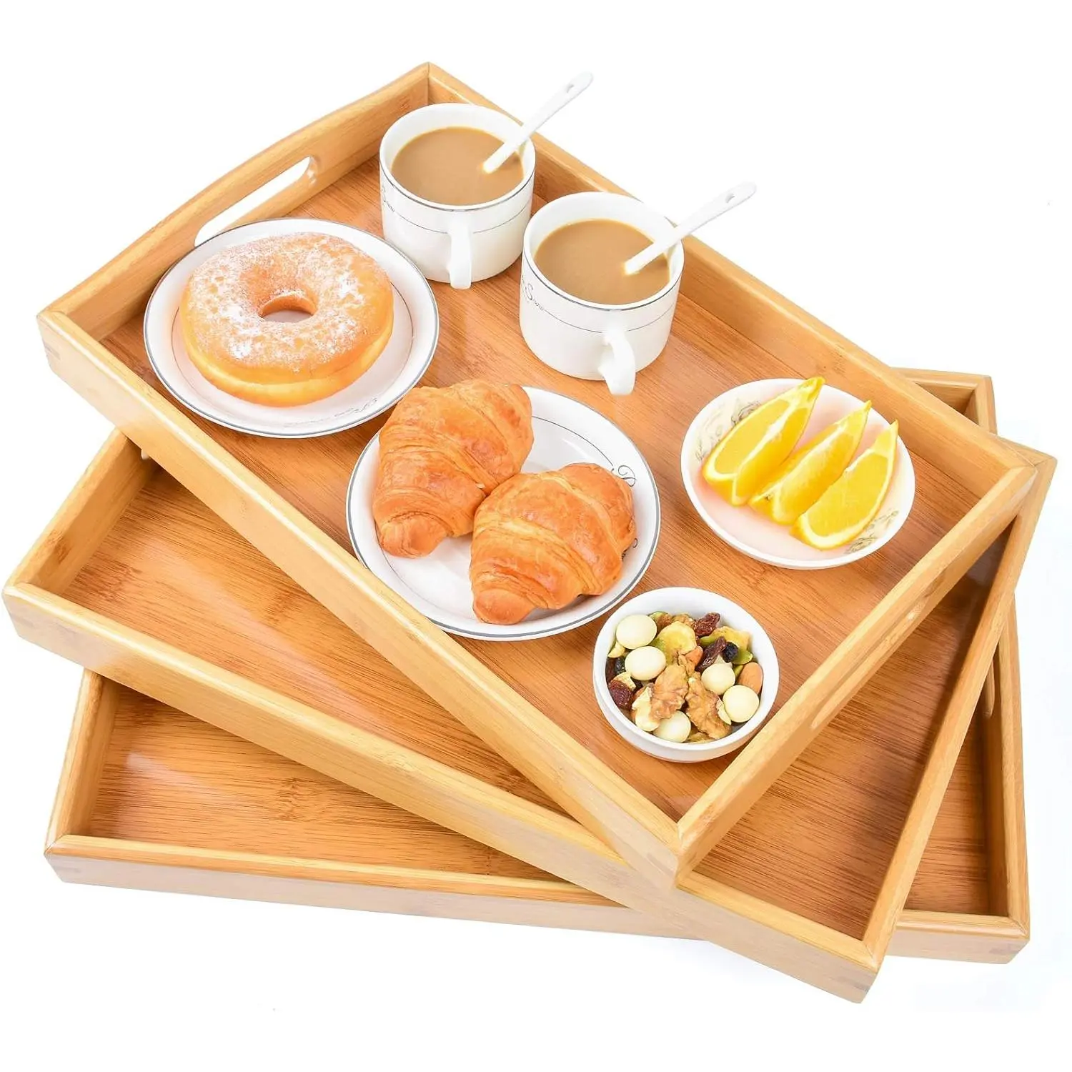 3 Pack  Serving Trays with Handles, Wooden  Trays (Beige) |   Trays,  For Breakfast In Bed, Sofa Dining, Serving Drinks, Snacks, And Everyday Organization