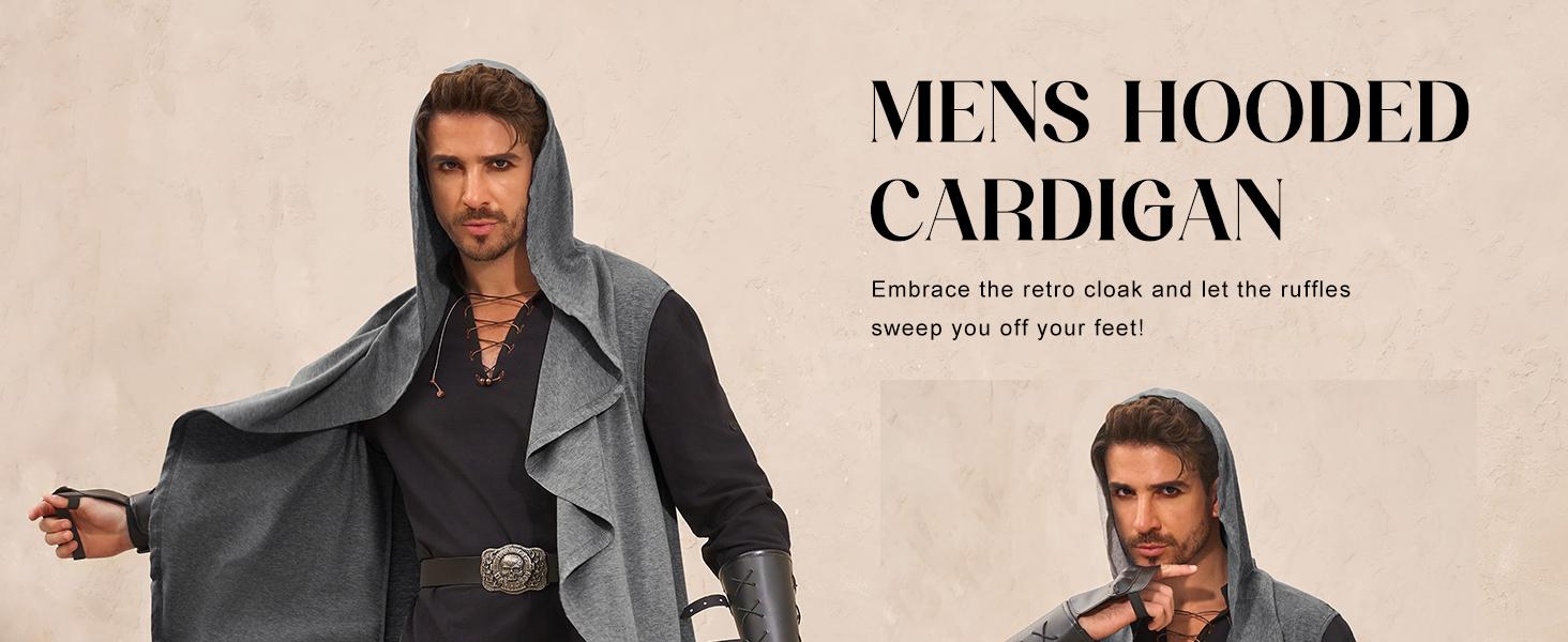 Runcati Mens Hooded Cardigan Sleeveless Ruffle Shawl Collar Open Front Knit Drape Robe